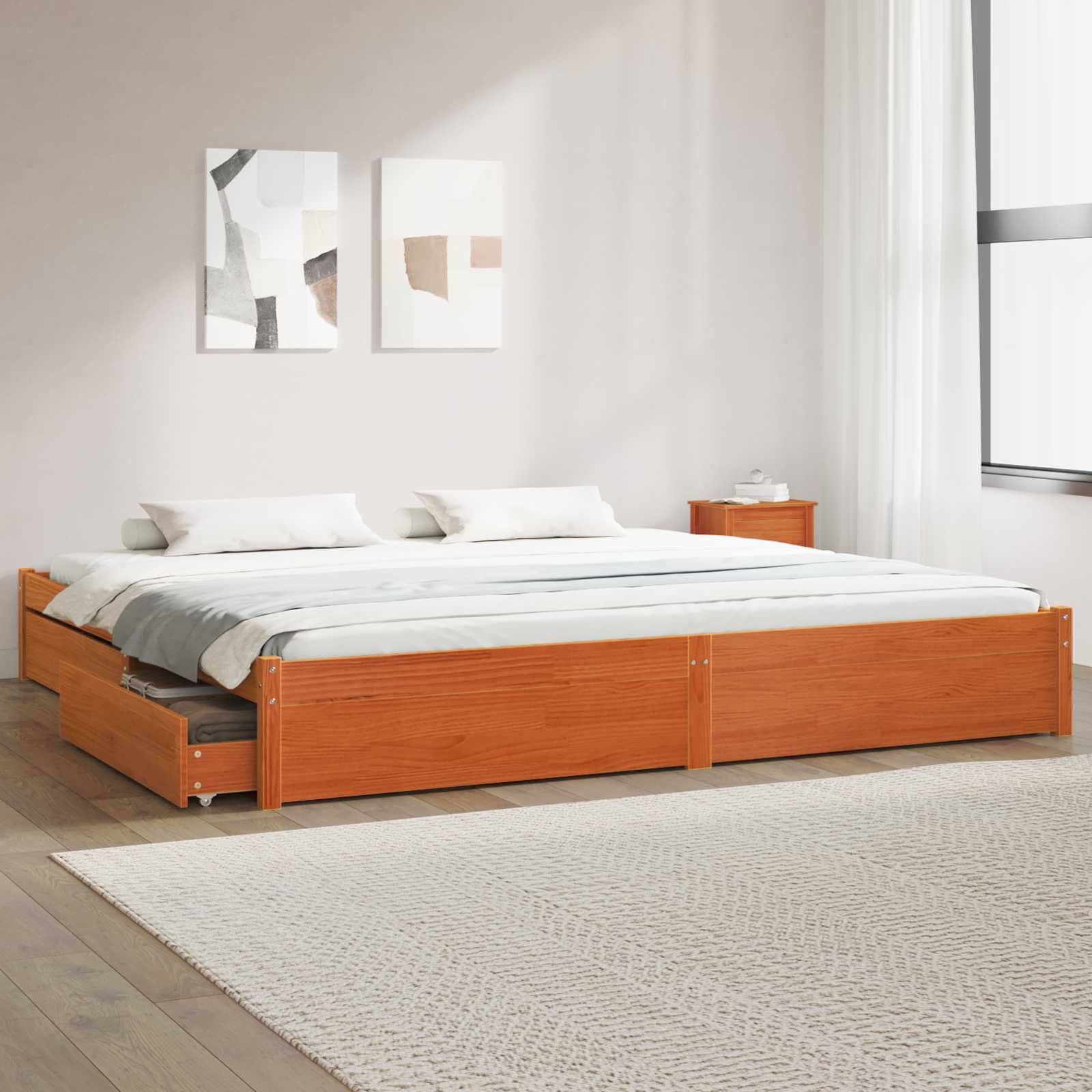 Estructura de cama con cajón con rueda Marrón cera 200 x 200 cm