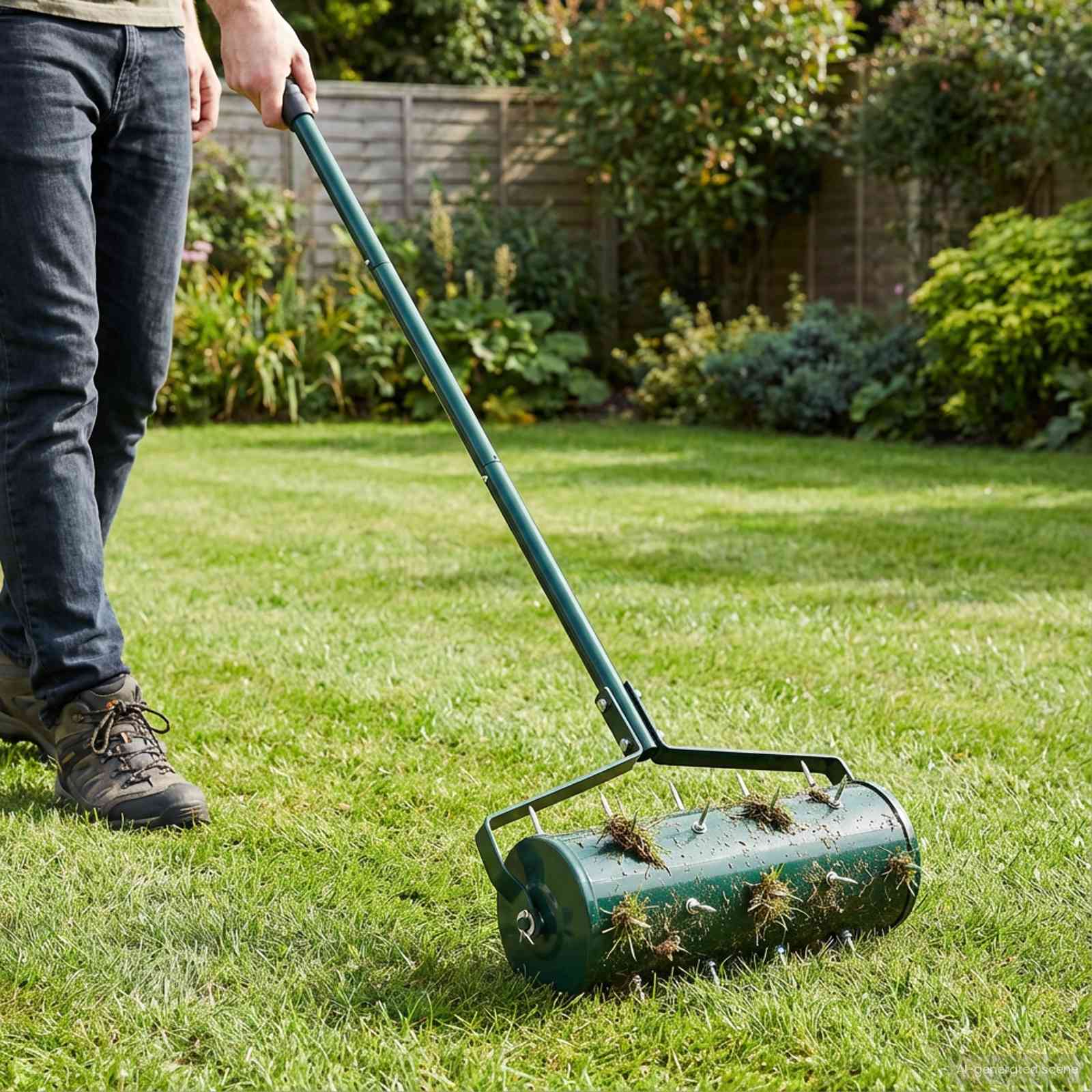 Green Steel Tow-Behind Lawn Roller with Aerator Spikes