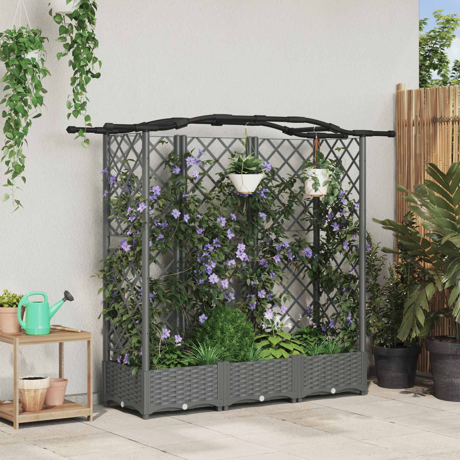 Raised bed with trellis and roof Grey 122 x 40 x 141 cm PP