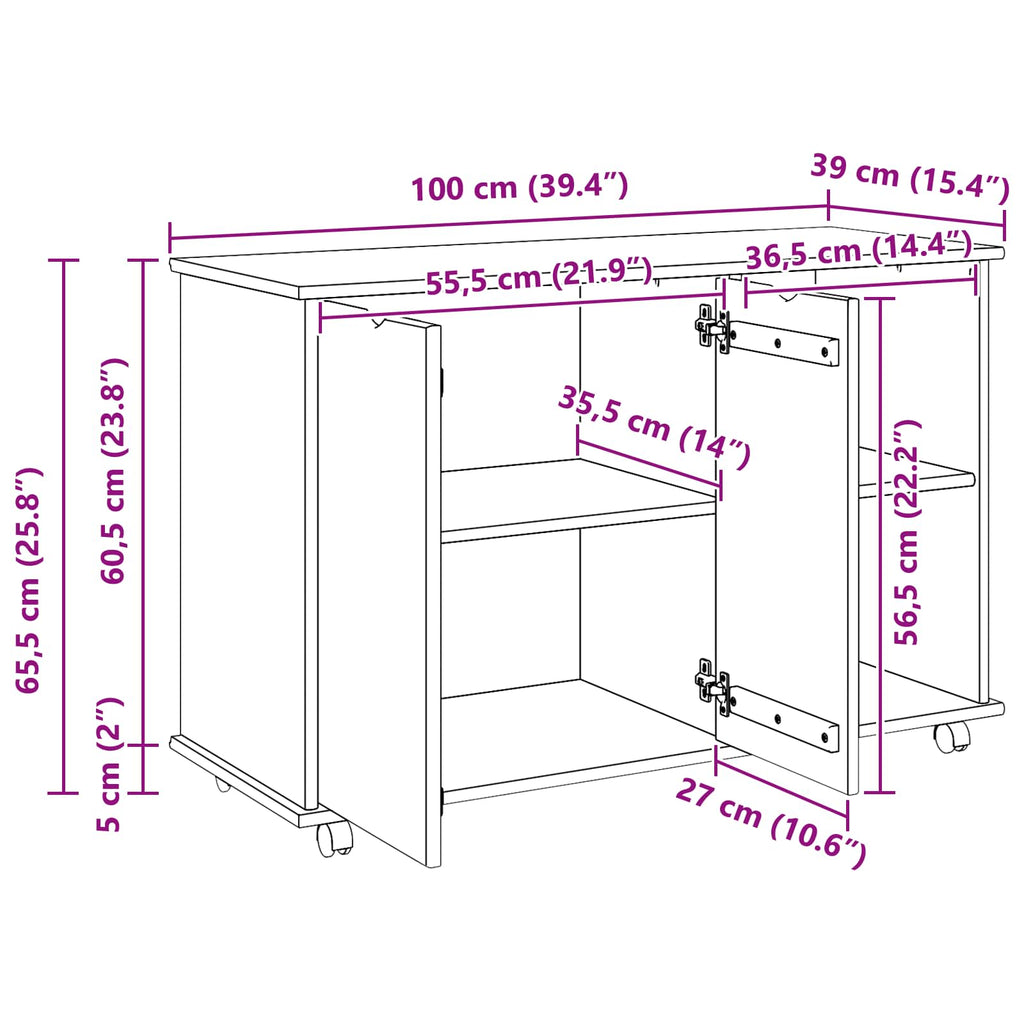 Gabinete rodante con rueda Marrón 100 x 39 x 65,5 cm