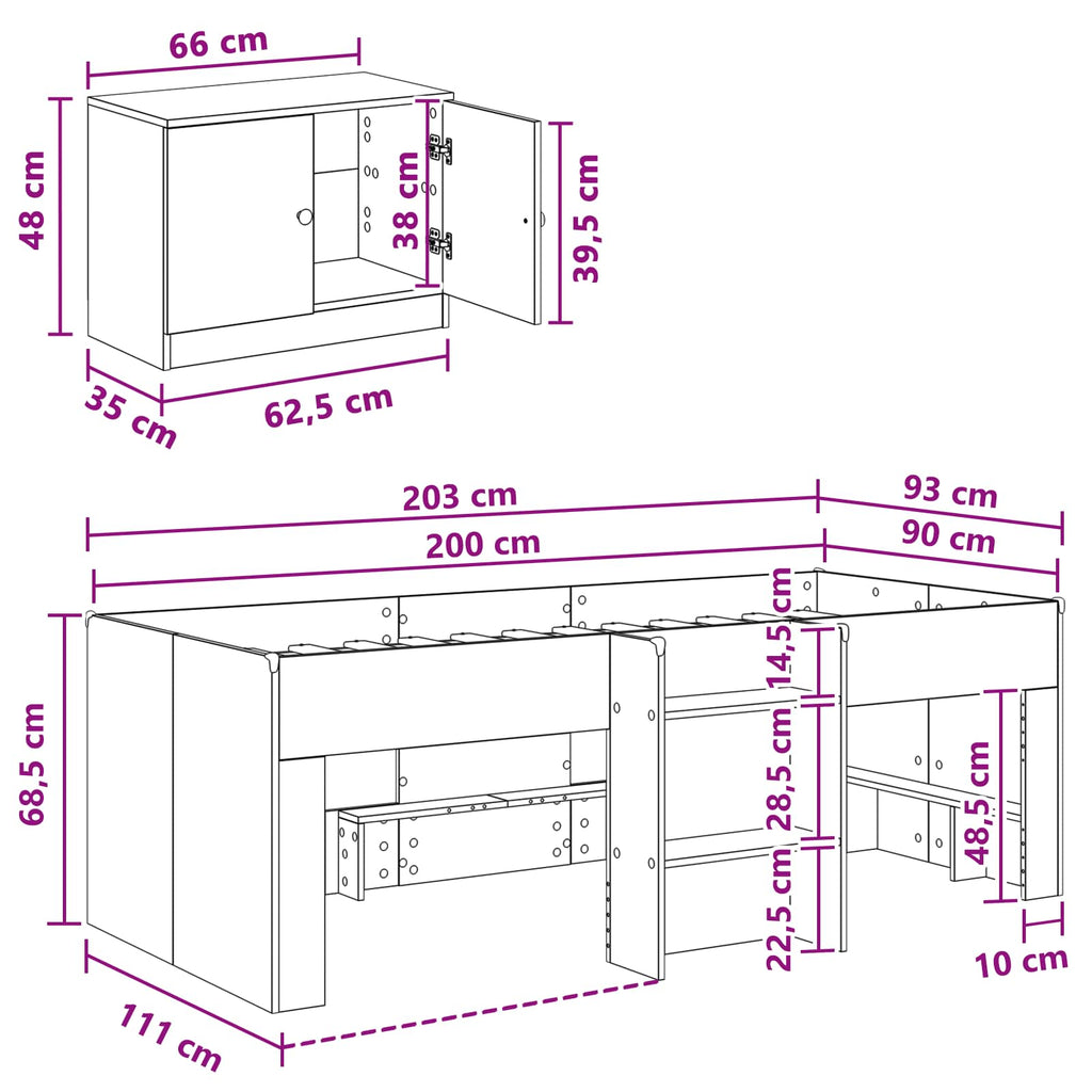Marco de cama loft con armario con almacenamiento 3 pcs Blanco