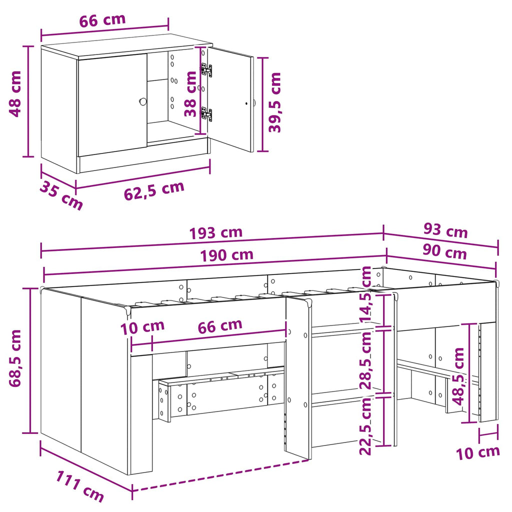 Marco de cama loft con armario con almacenamiento 3 pcs Blanco