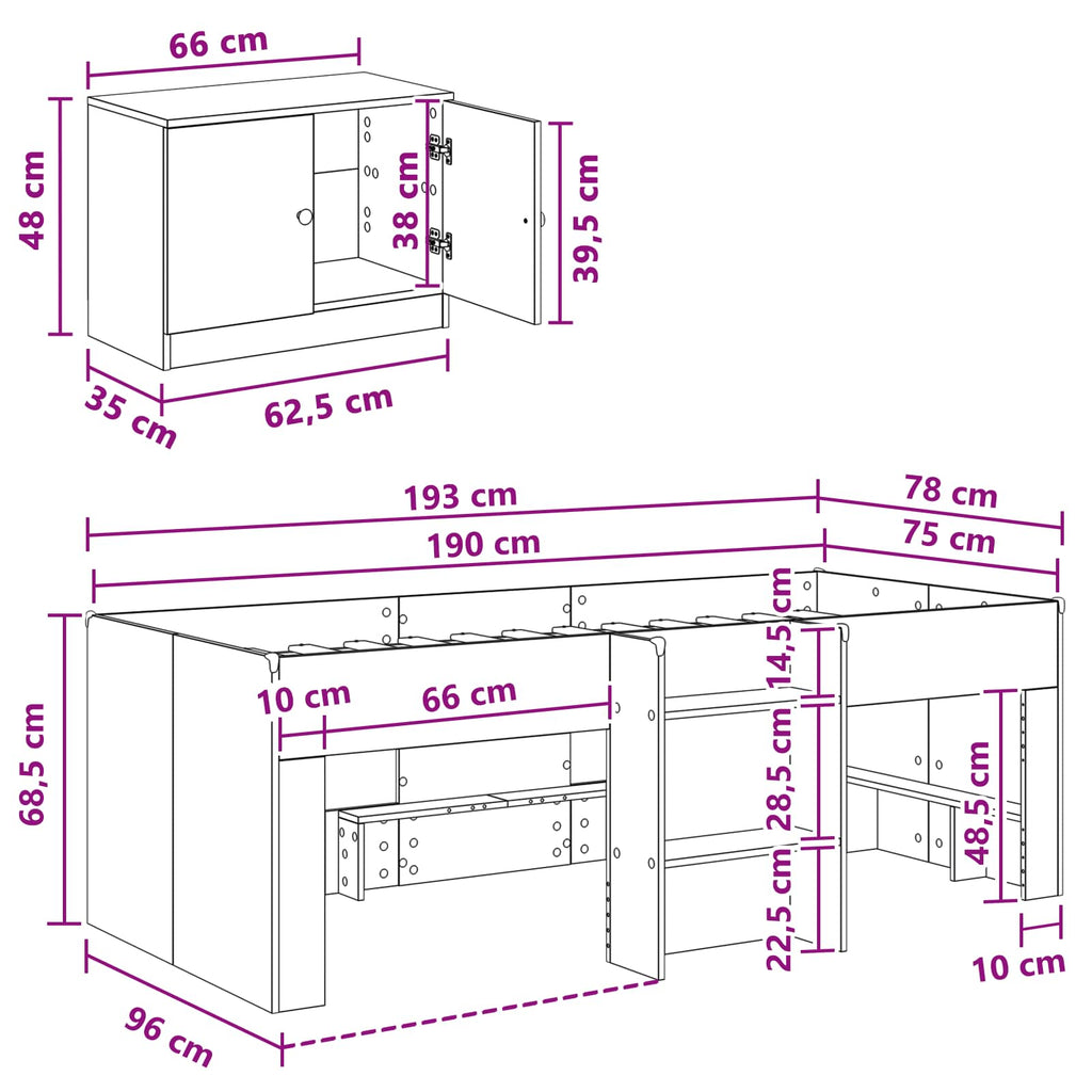 Marco de cama loft con armario con almacenamiento 3 pcs Blanco