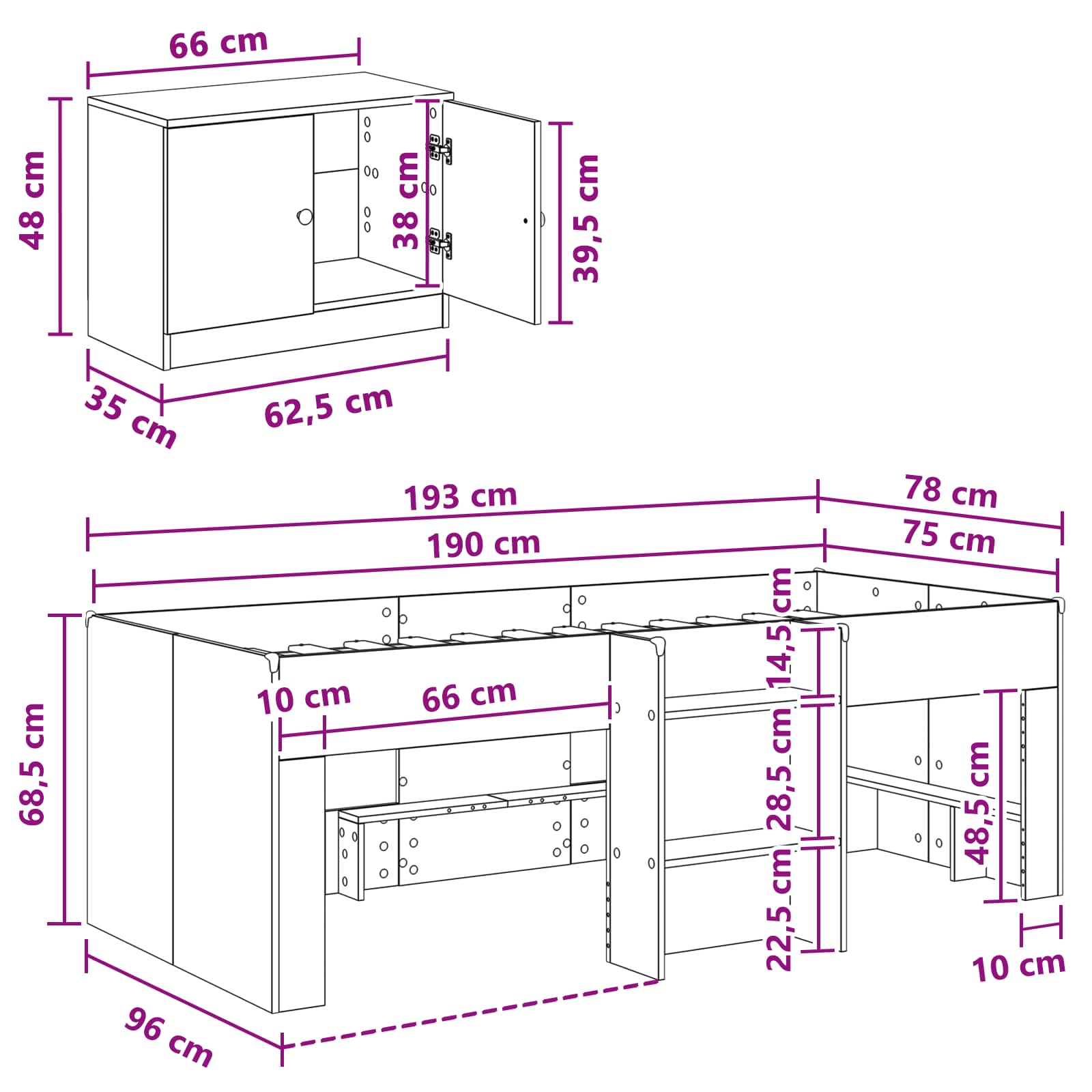 Marco de cama loft con armario con almacenamiento 3 pcs Blanco