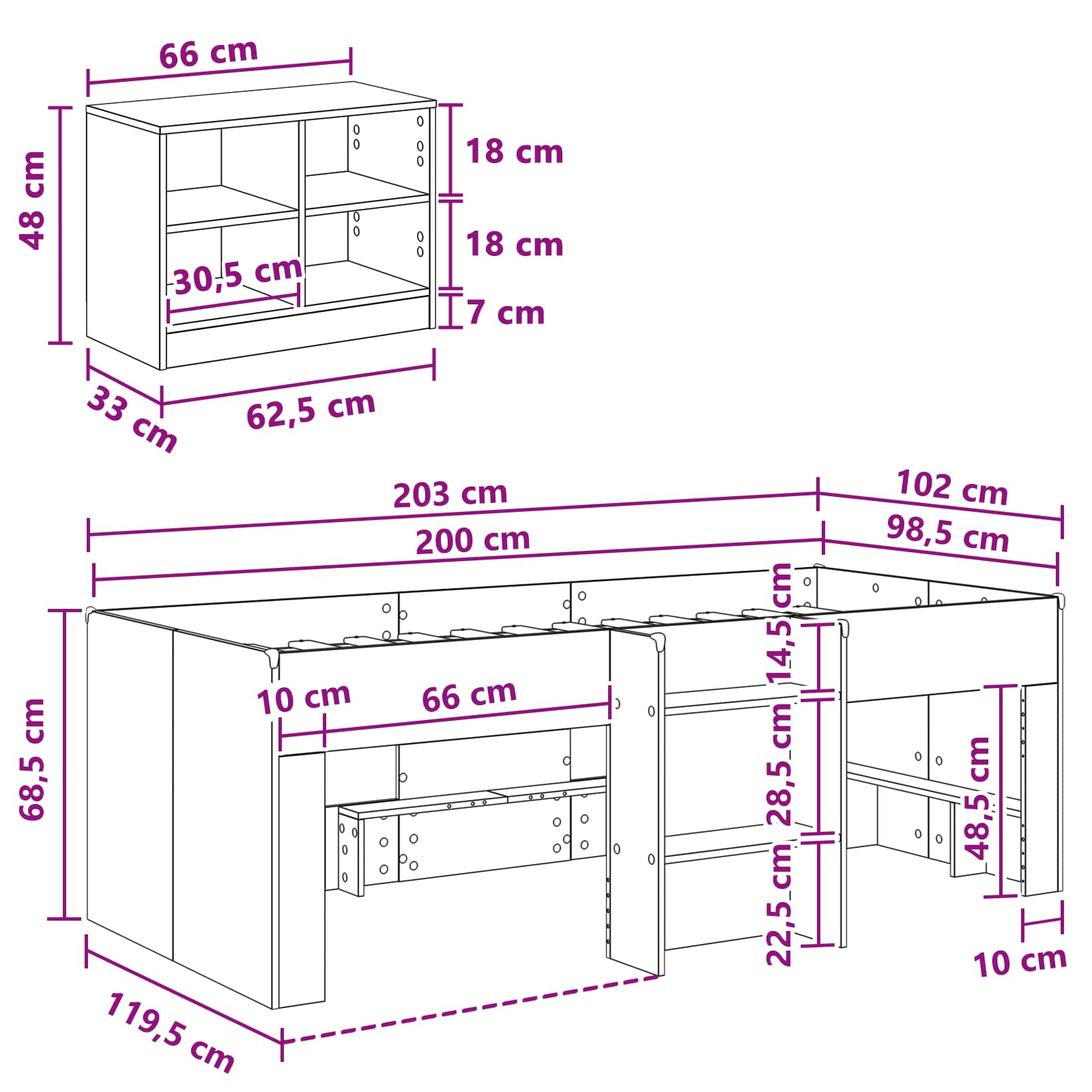Marco de cama loft con armario con estante 3 pcs Blanco