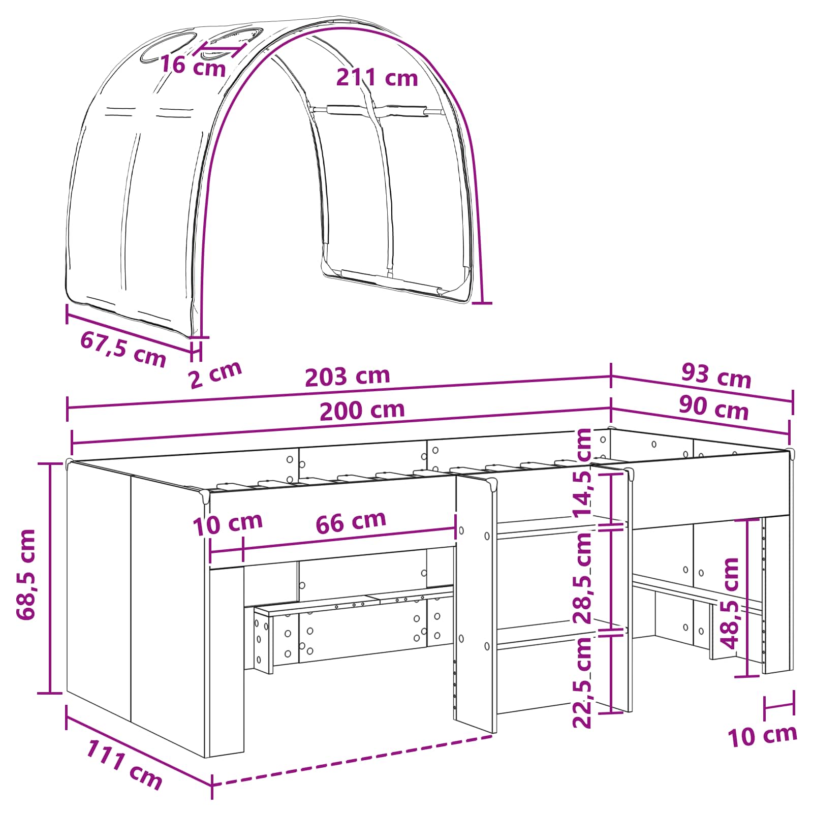 Cama alta para niños con túnel Blanco Madera de ingeniería