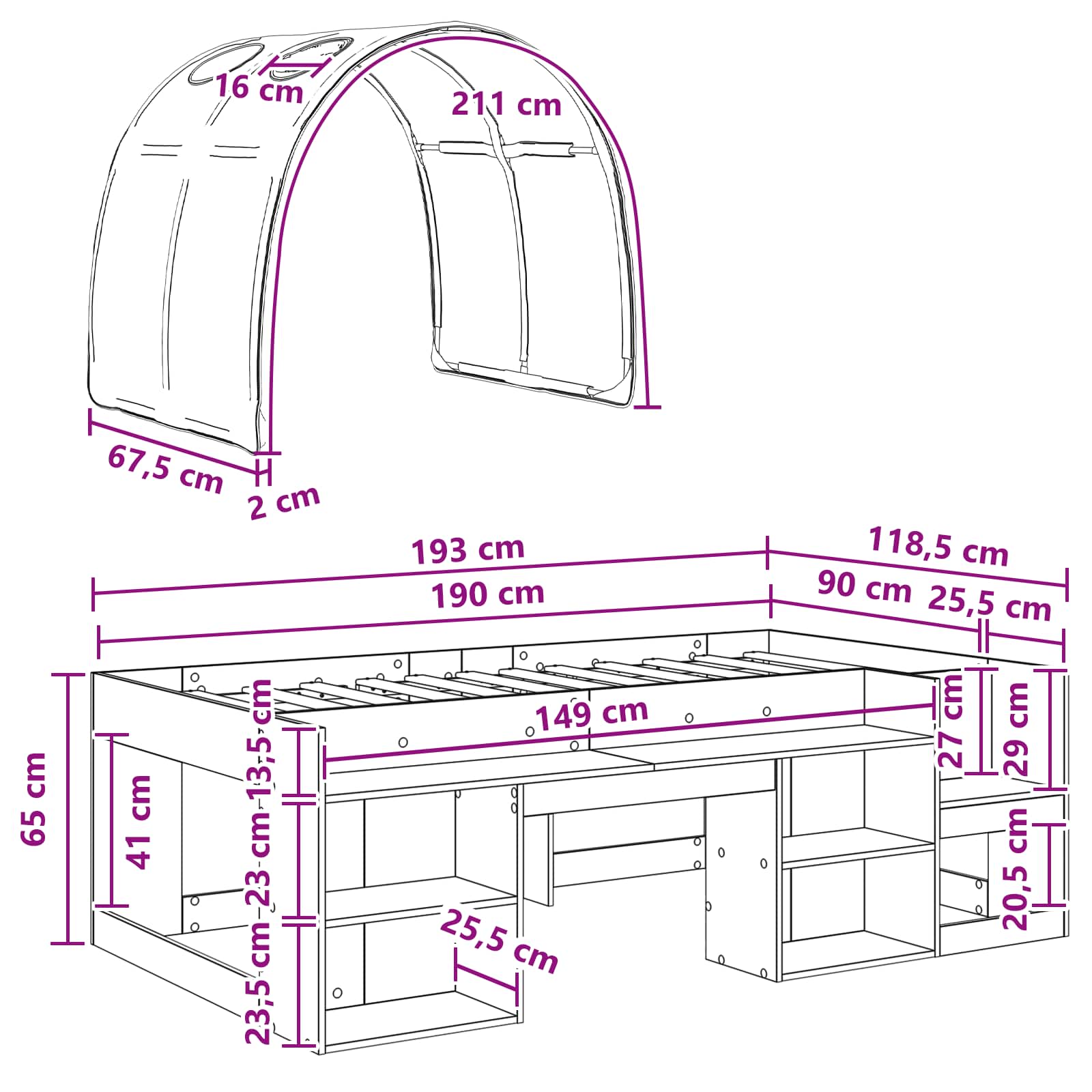 Cama con túnel 3 pcs Blanco y Negro Madera de ingeniería