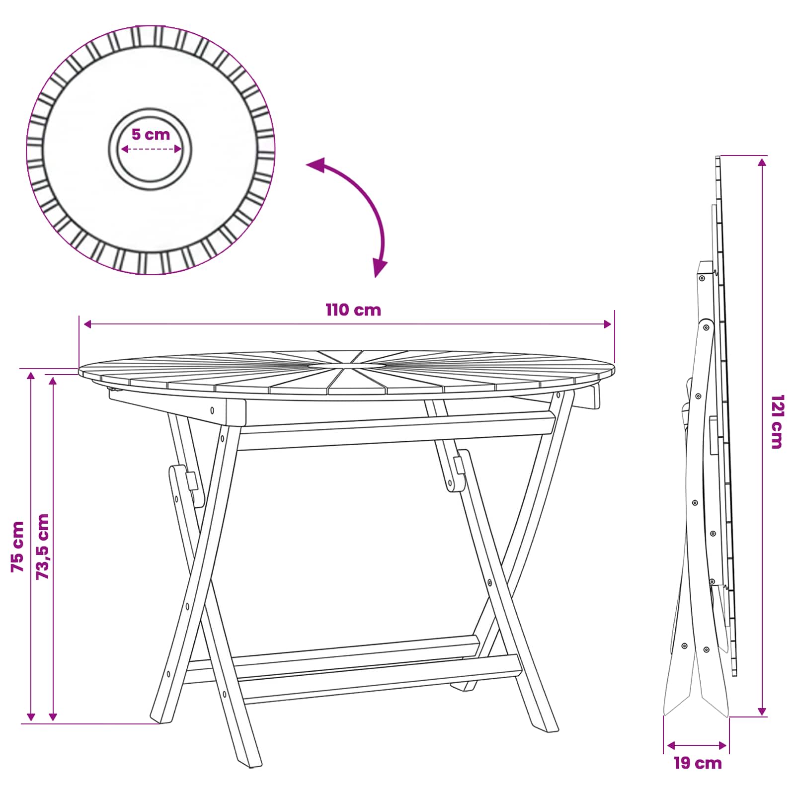 Mesa de jardín plegable Natural Ø 110 x 75 cm