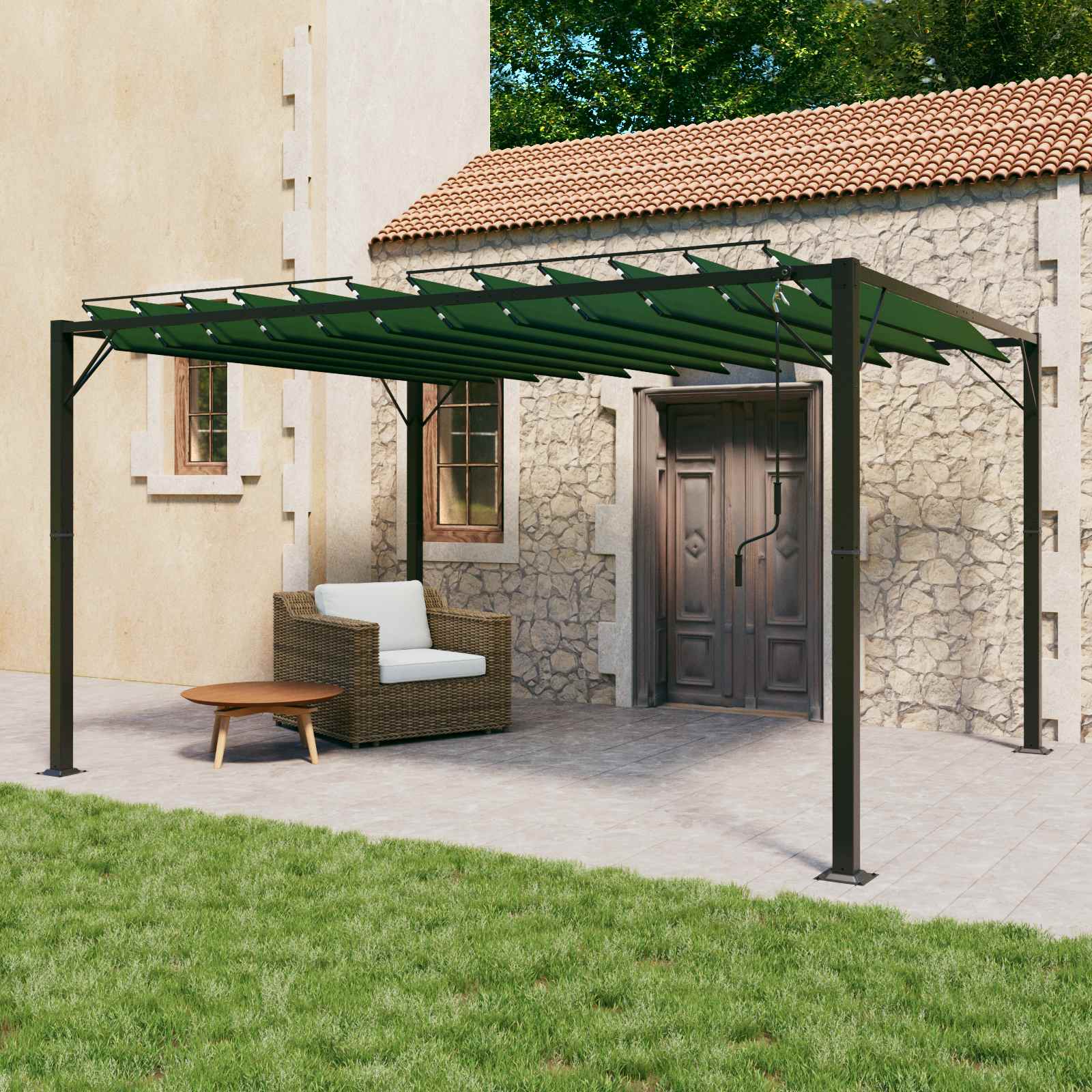 Adjustable Roof Gazebo Green 3 x 3 x 2.14 m Fabric and Aluminum