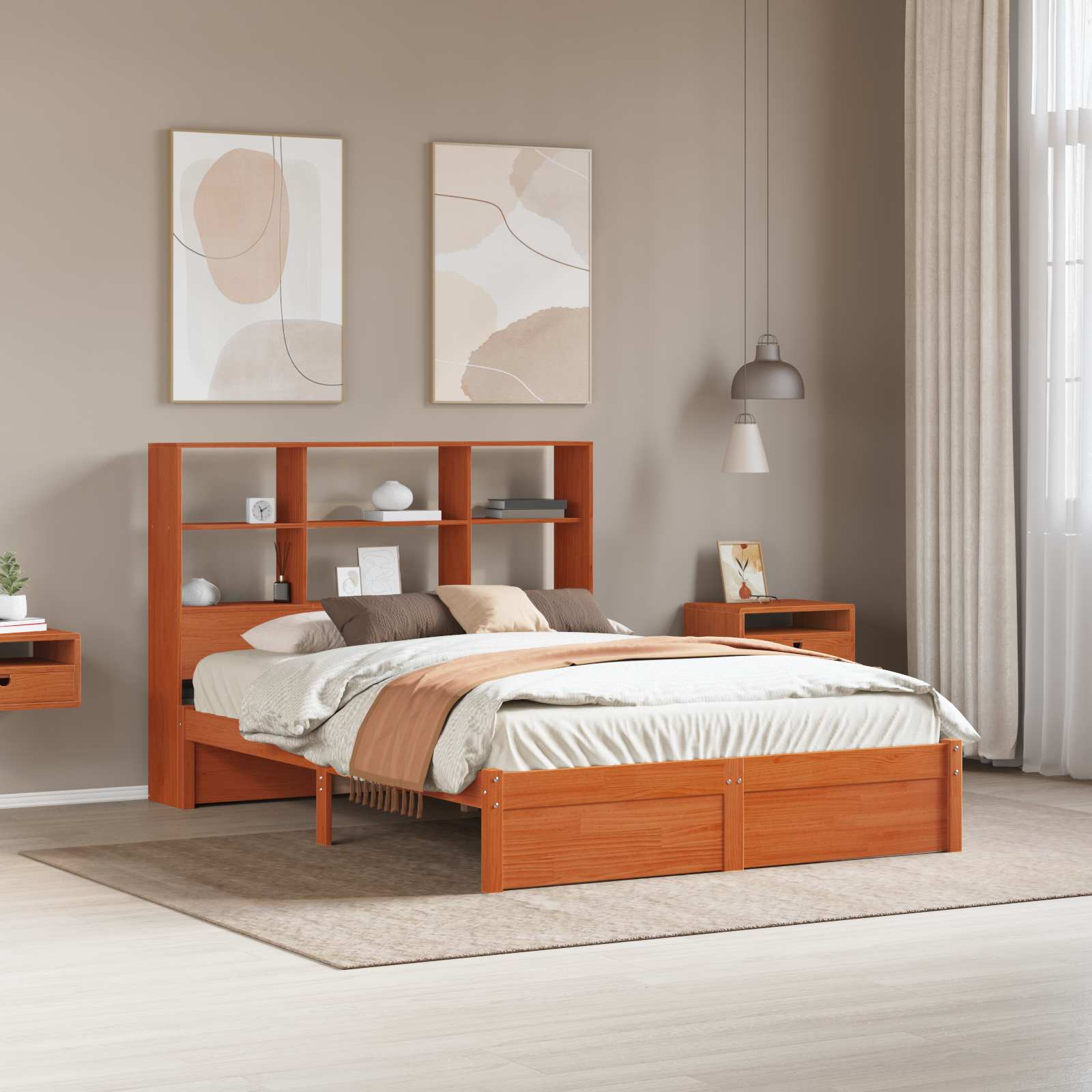 Estrutura de Cama com Cabeceira de Armazenamento Marrom Cera