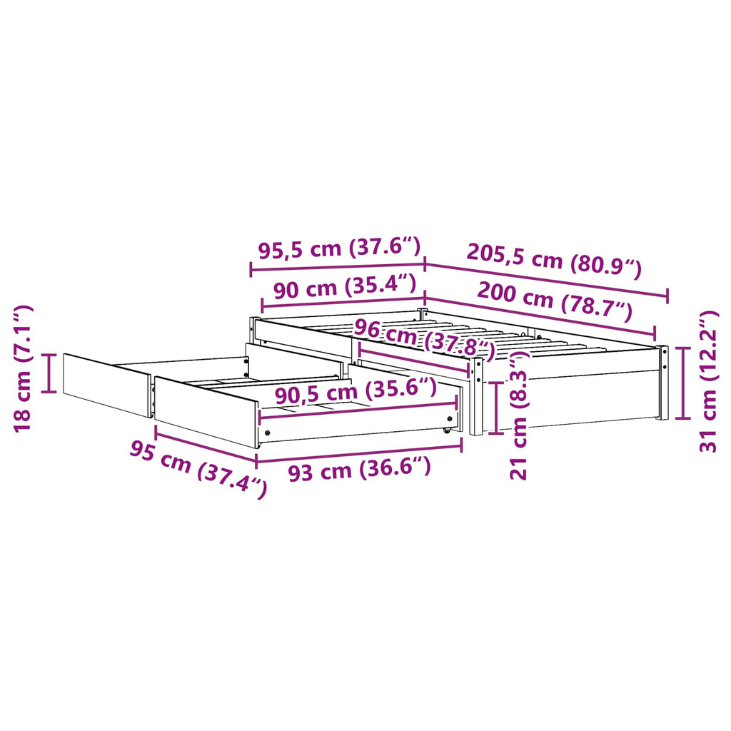 Estructura de cama con cajón 3 pcs Marrón cera Madera de pino