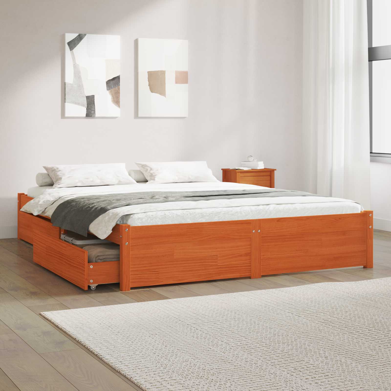 Estructura de cama con cajón con rueda Marrón cera 200 x 200 cm