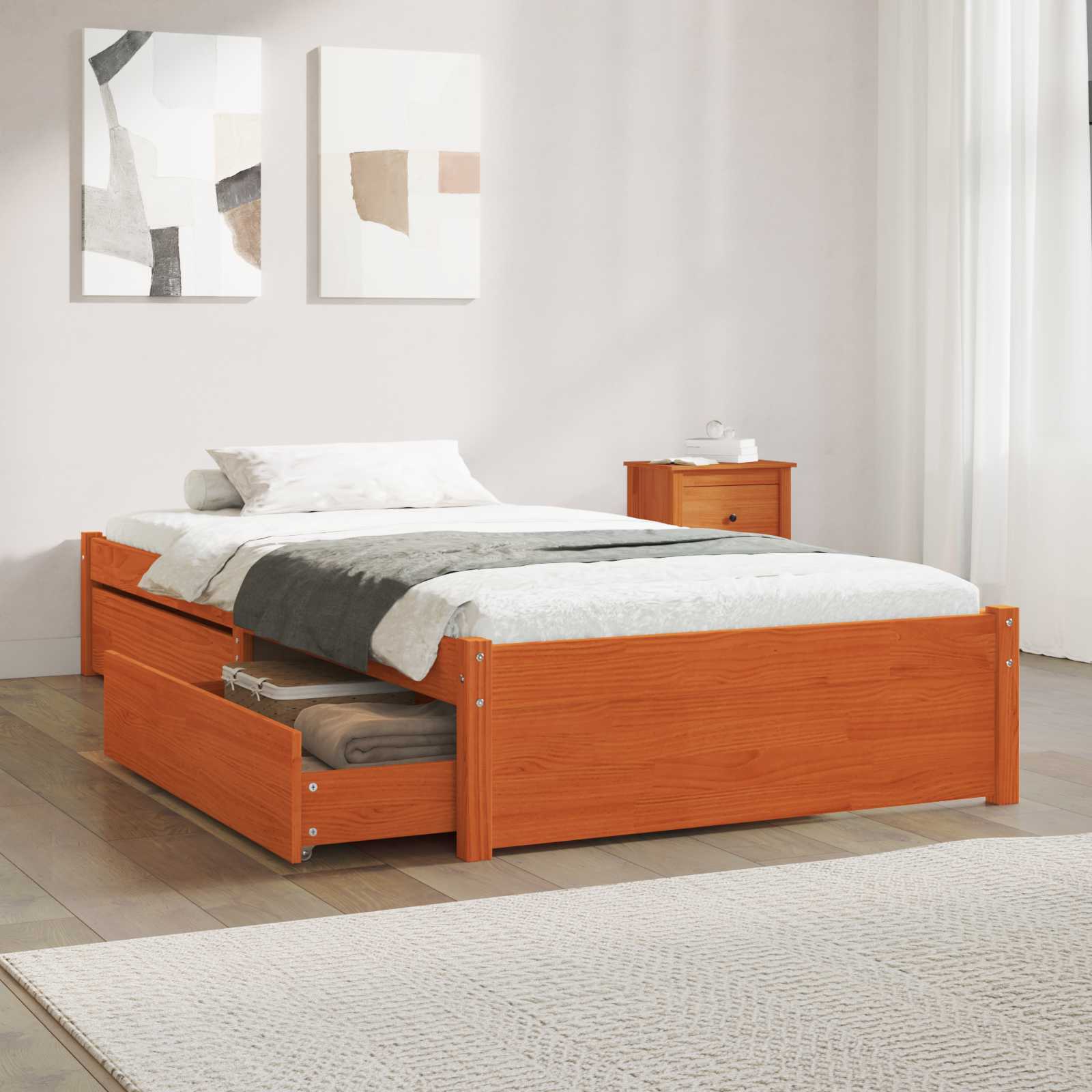 Estrutura de cama com gaveta 3 unid. Castanho cera Madeira de pinho