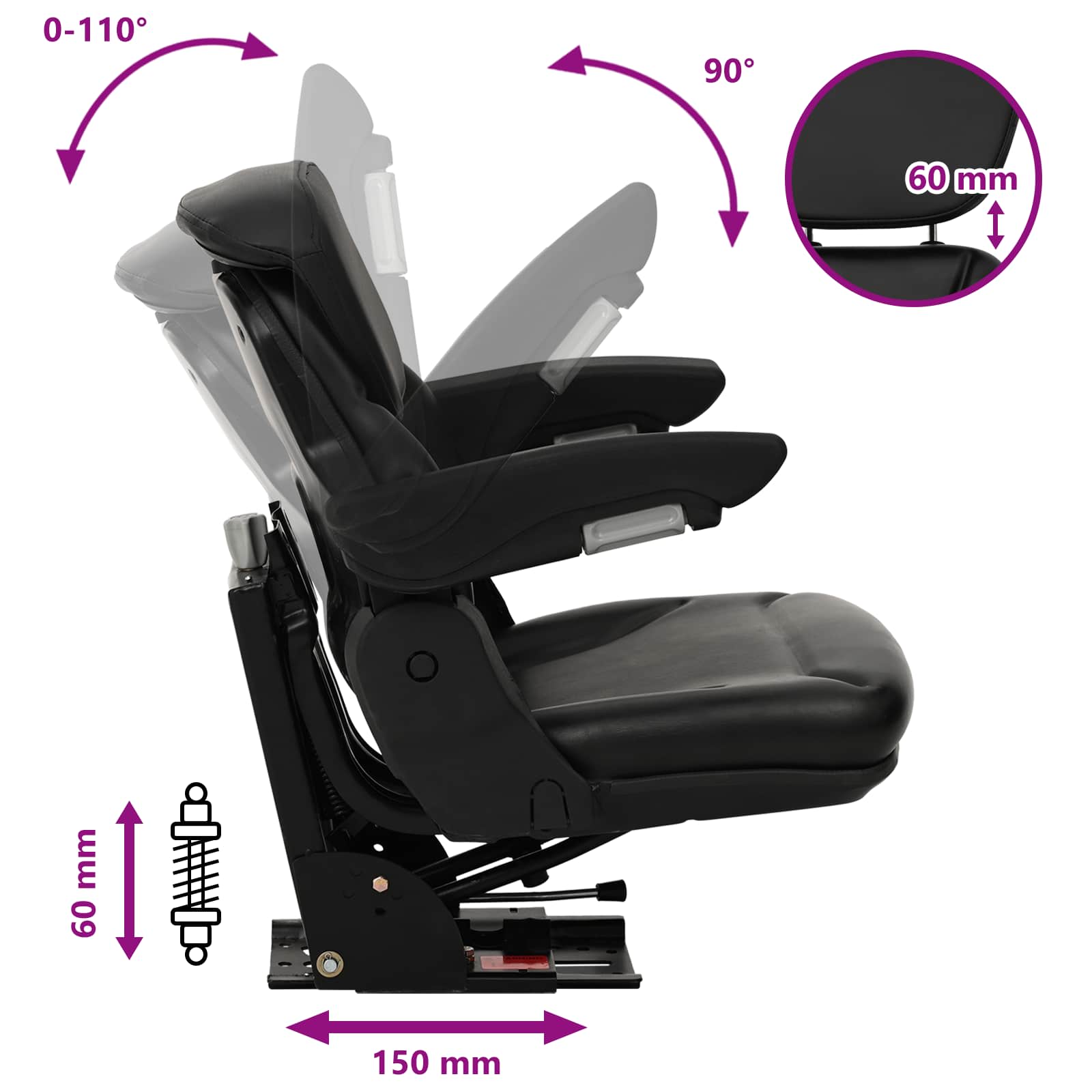 Asiento de tractor con suspensión Negro 60 x 58 x 72 cm