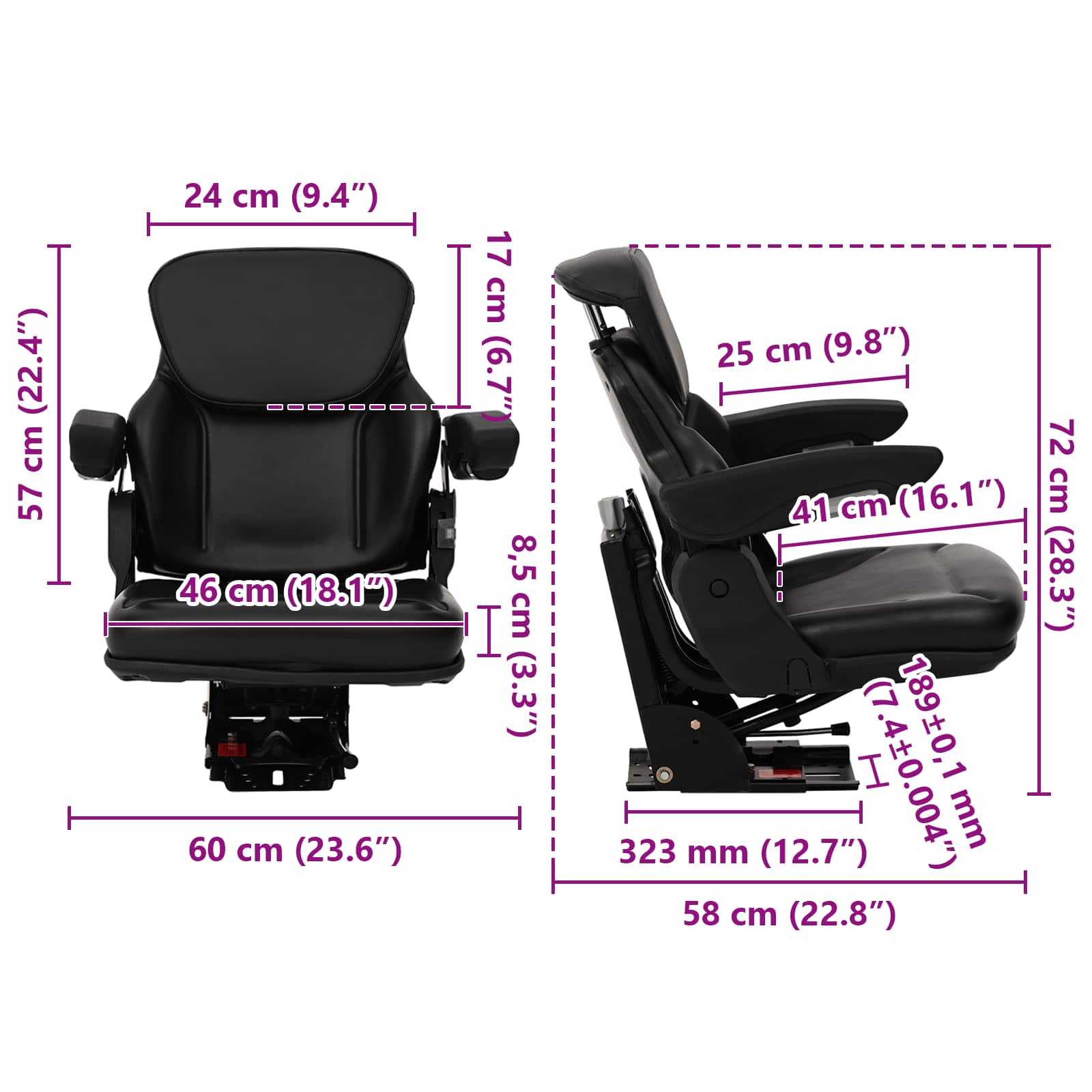 Asiento de tractor con suspensión Negro 60 x 58 x 72 cm