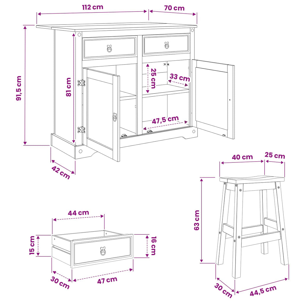 Juego de isla de cocina con cajón Corona 3 pcs Cera de Miel