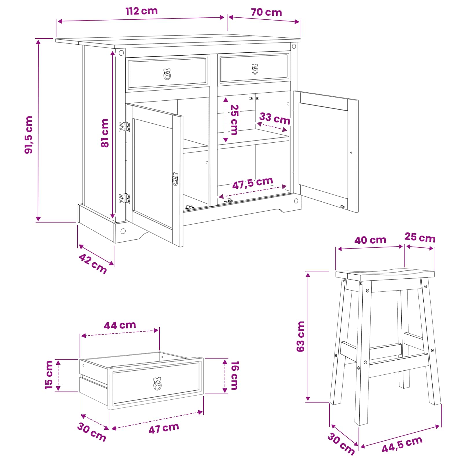 Juego de isla de cocina con cajón Corona 3 pcs Cera de Miel