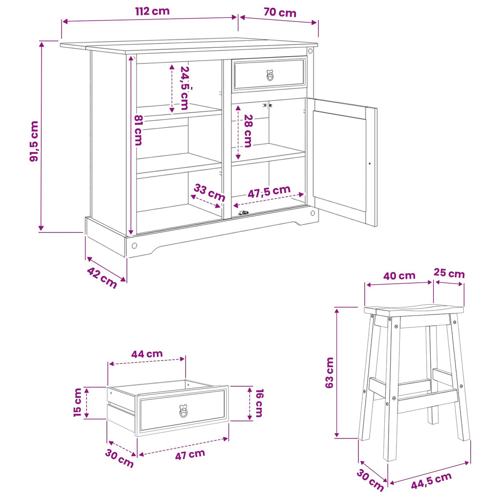 Juego de isla de cocina 3 pcs Cera de Miel Pino macizo