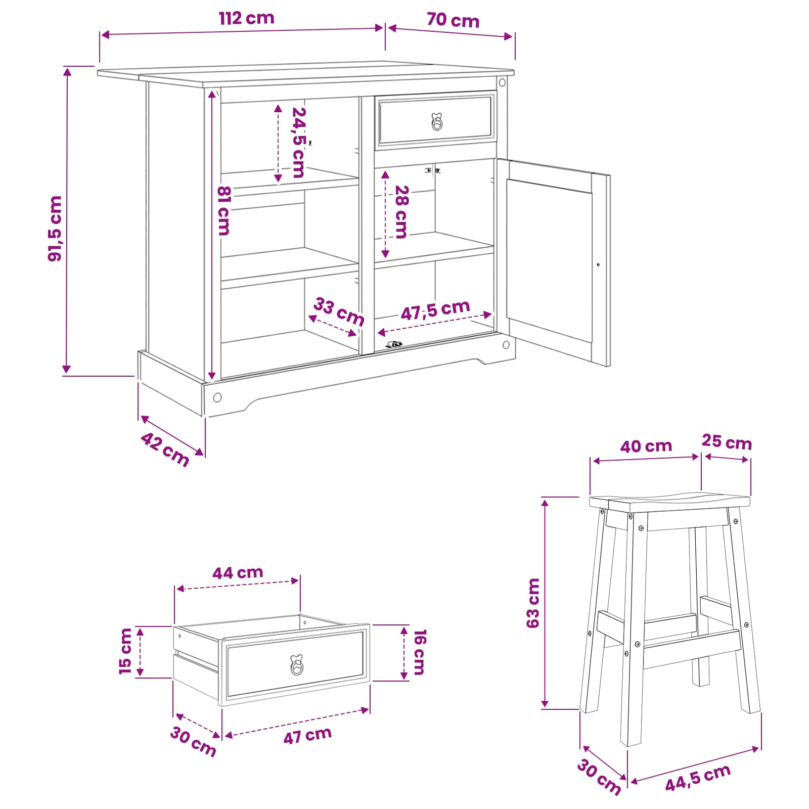 Juego de isla de cocina 3 pcs Cera de Miel Pino macizo