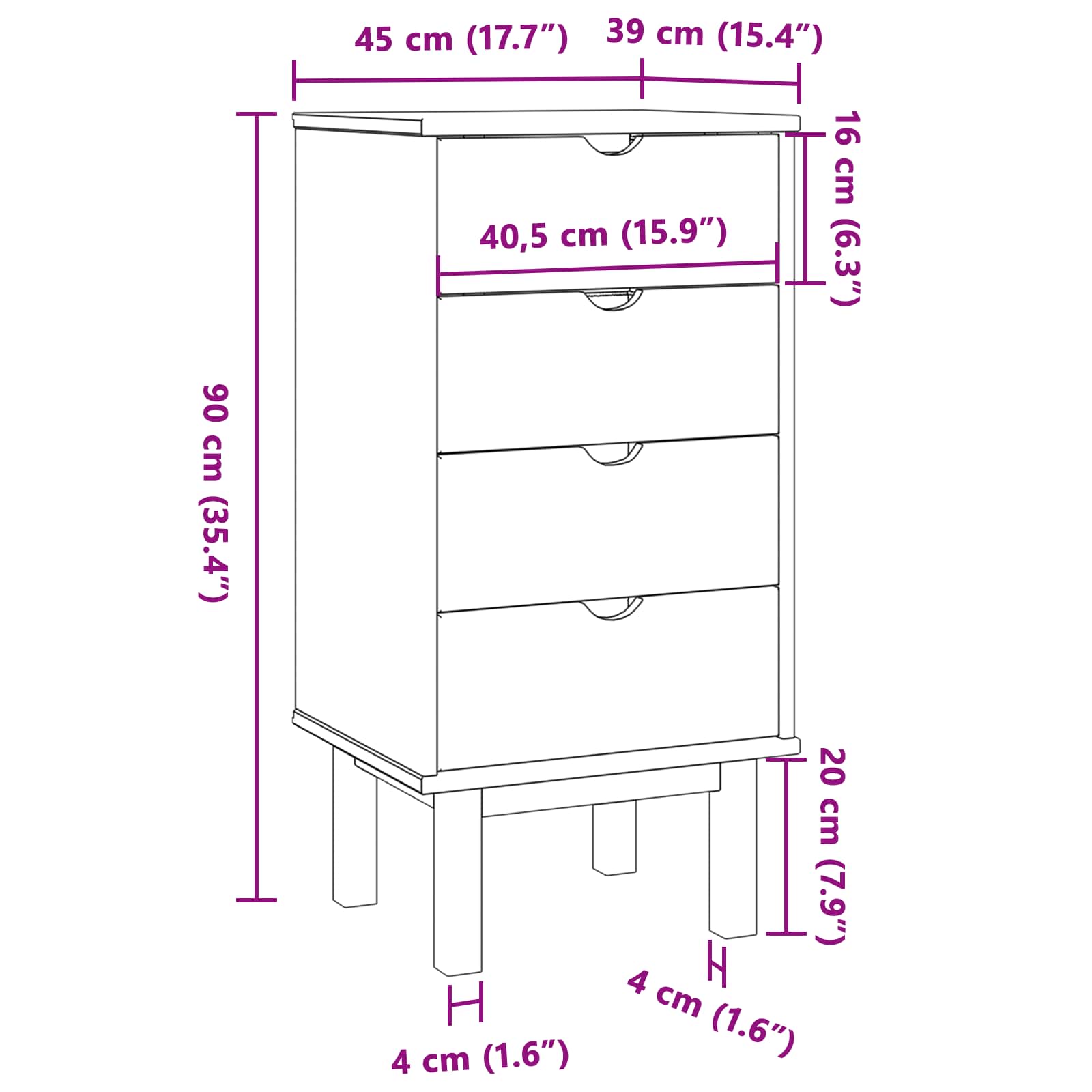 Cajonera OTTA Negro 45 x 39 x 90 cm Madera de Pino Maciza