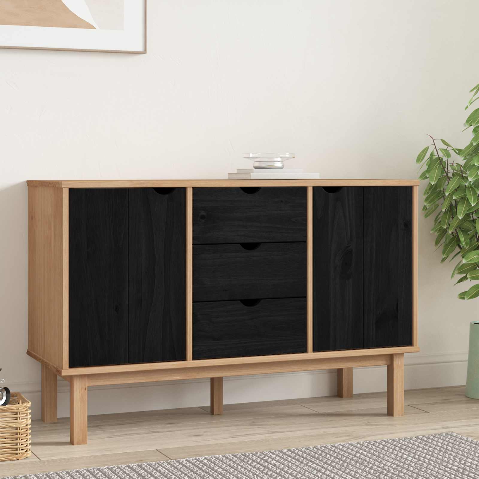 Aparador OTTA Negro 113,5 x 43 x 73 cm Madera de Pino Maciza