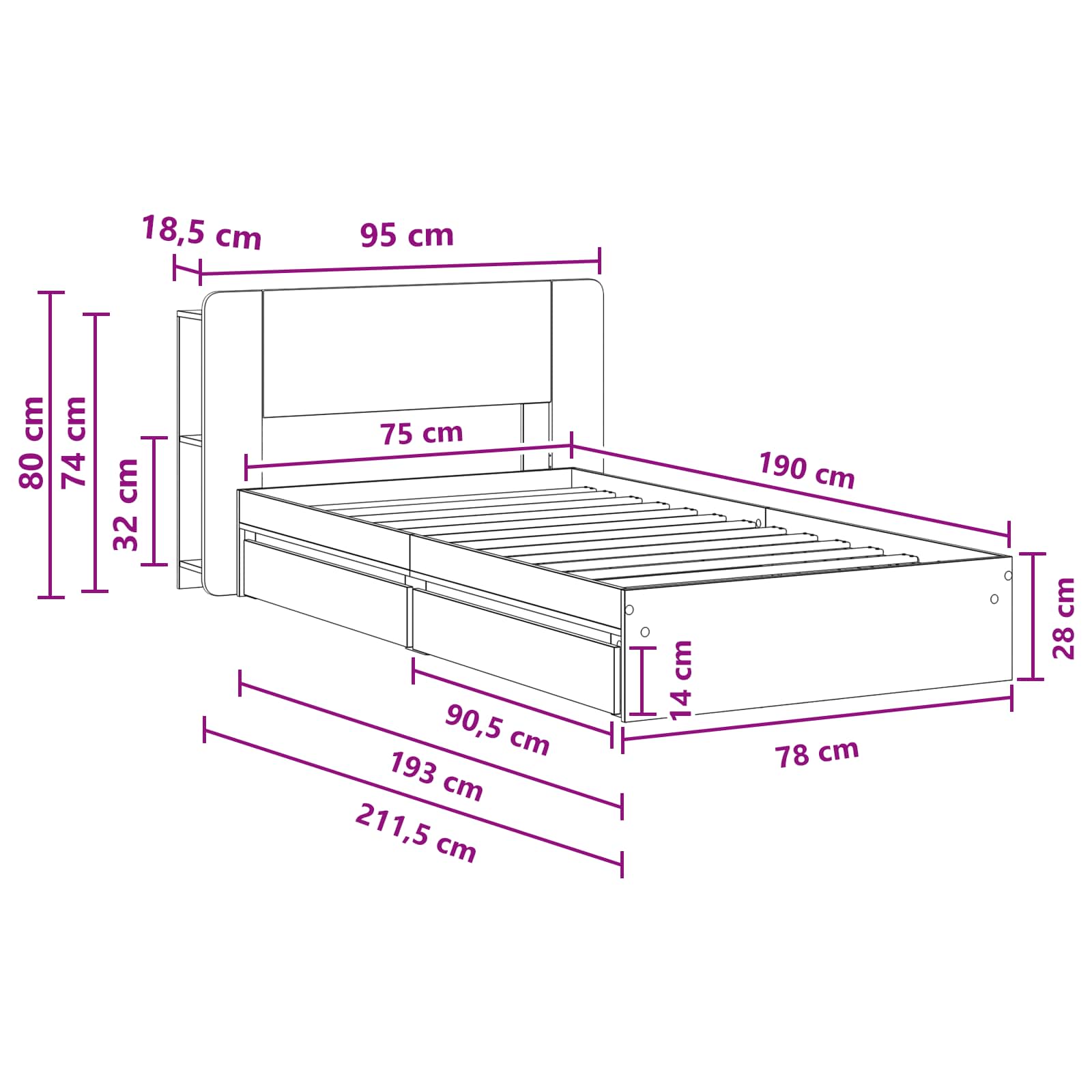 Estructura de cama con almacenamiento Blanco 75 x 190 cm