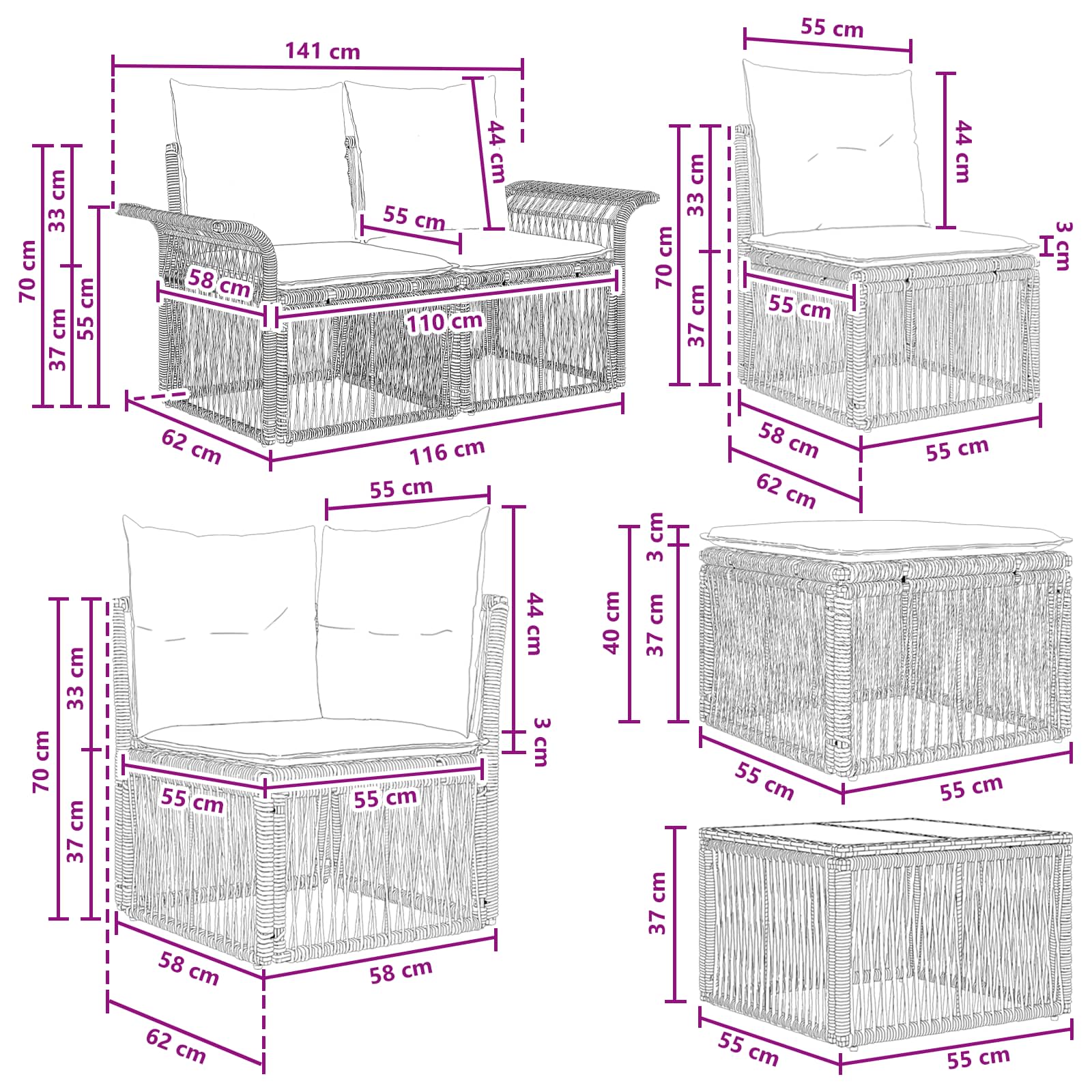 Conjunto de sofás de jardín 9 pcs Beige ratán sintético