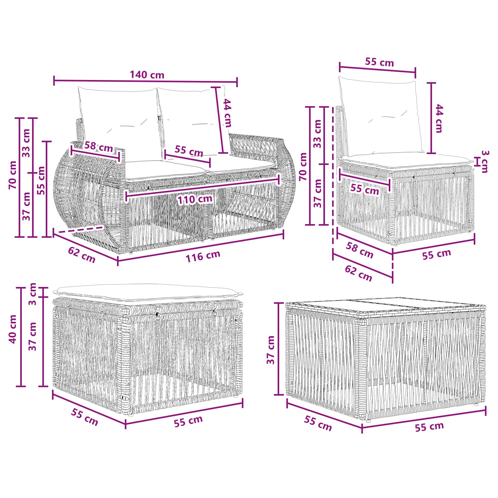 Conjunto de sofás de jardín 11 pcs Beige y blanco crema
