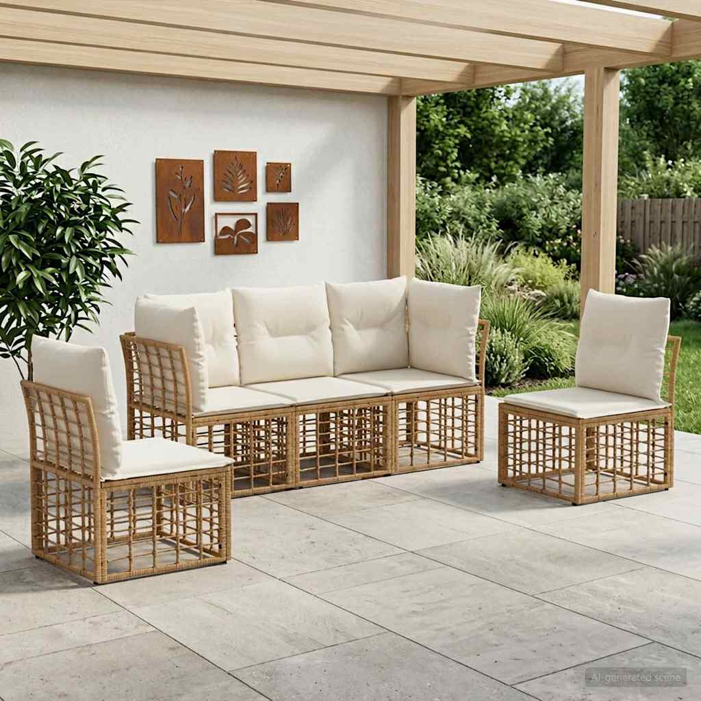 Conjunto de sofás de exterior 6 pcs Natural y Crema Poliéster