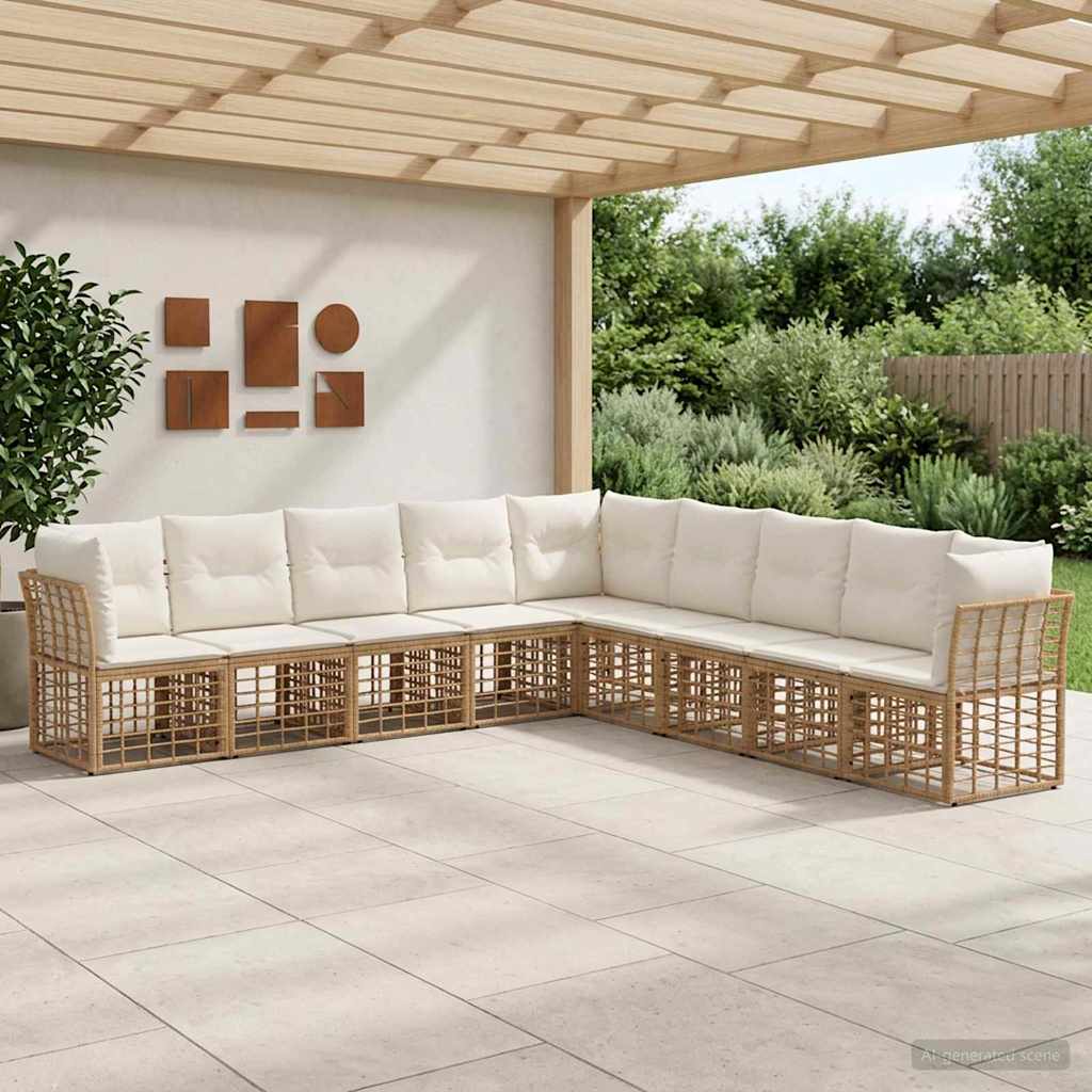 Conjunto de sofás de exterior 10 pcs Natural y Crema Poliéster