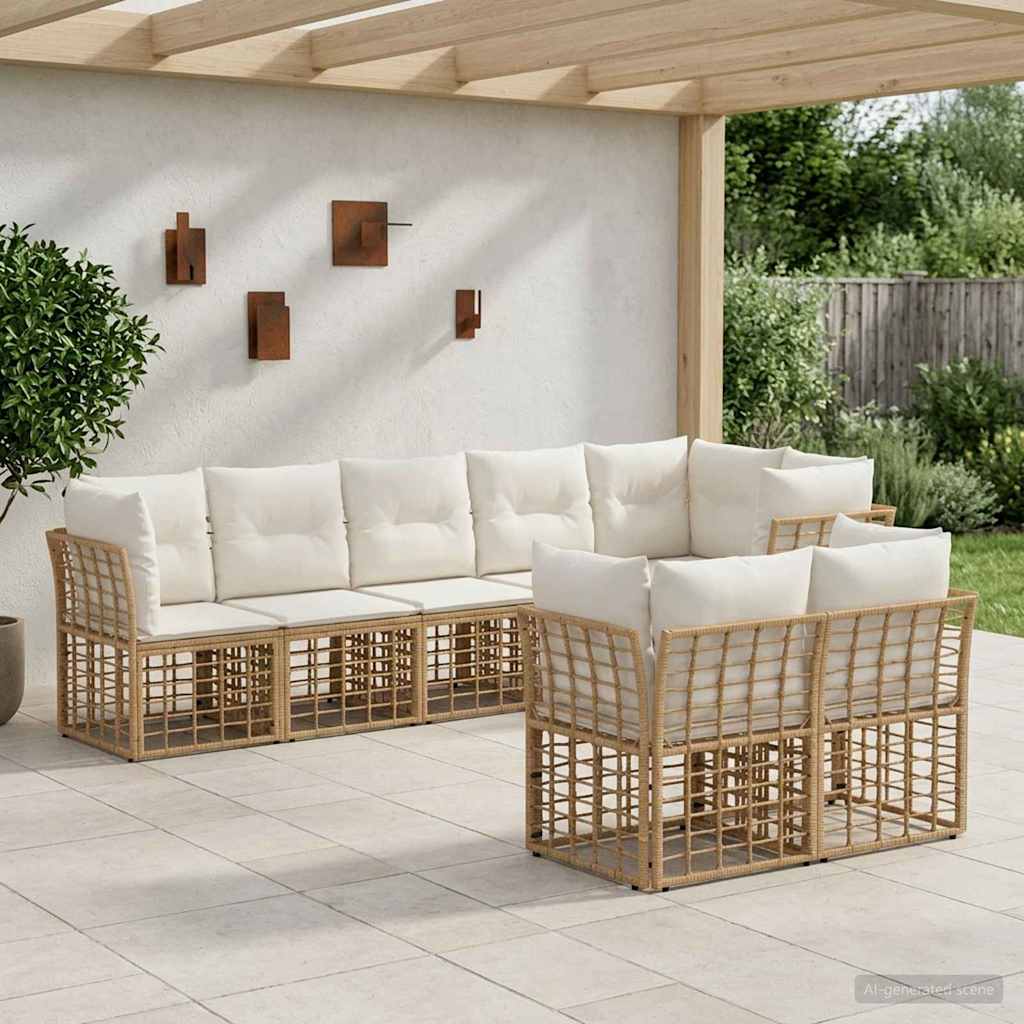 Conjunto de sofás de exterior 9 pcs Natural y Crema Poliéster