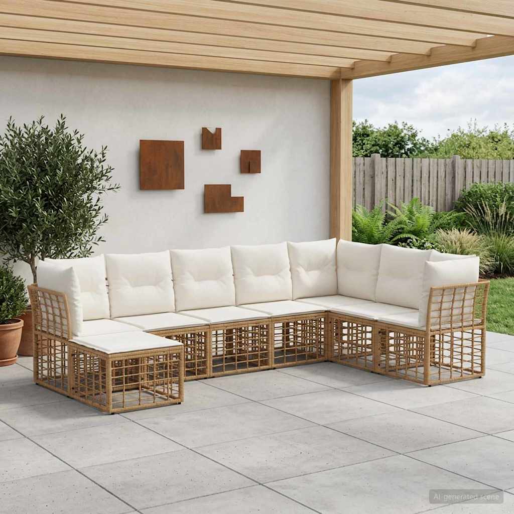 Conjunto de sofás de exterior 9 pcs Natural y Crema Poliéster