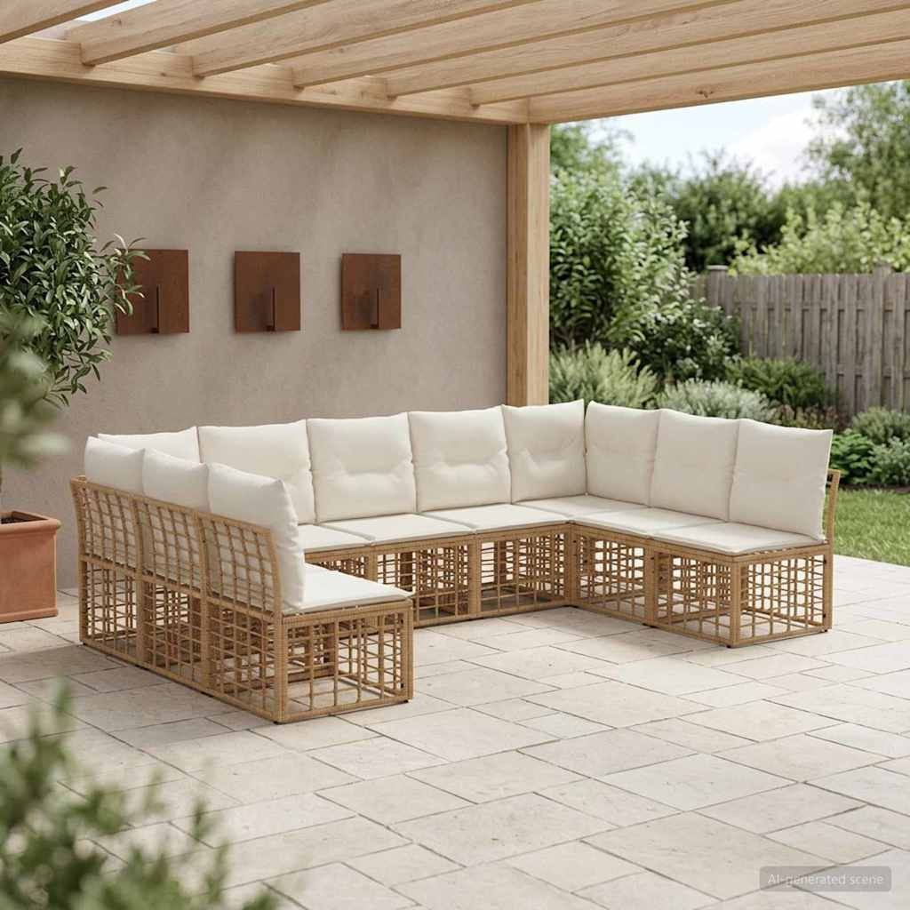 Conjunto de sofás de exterior 10 pcs Natural y Crema Poliéster