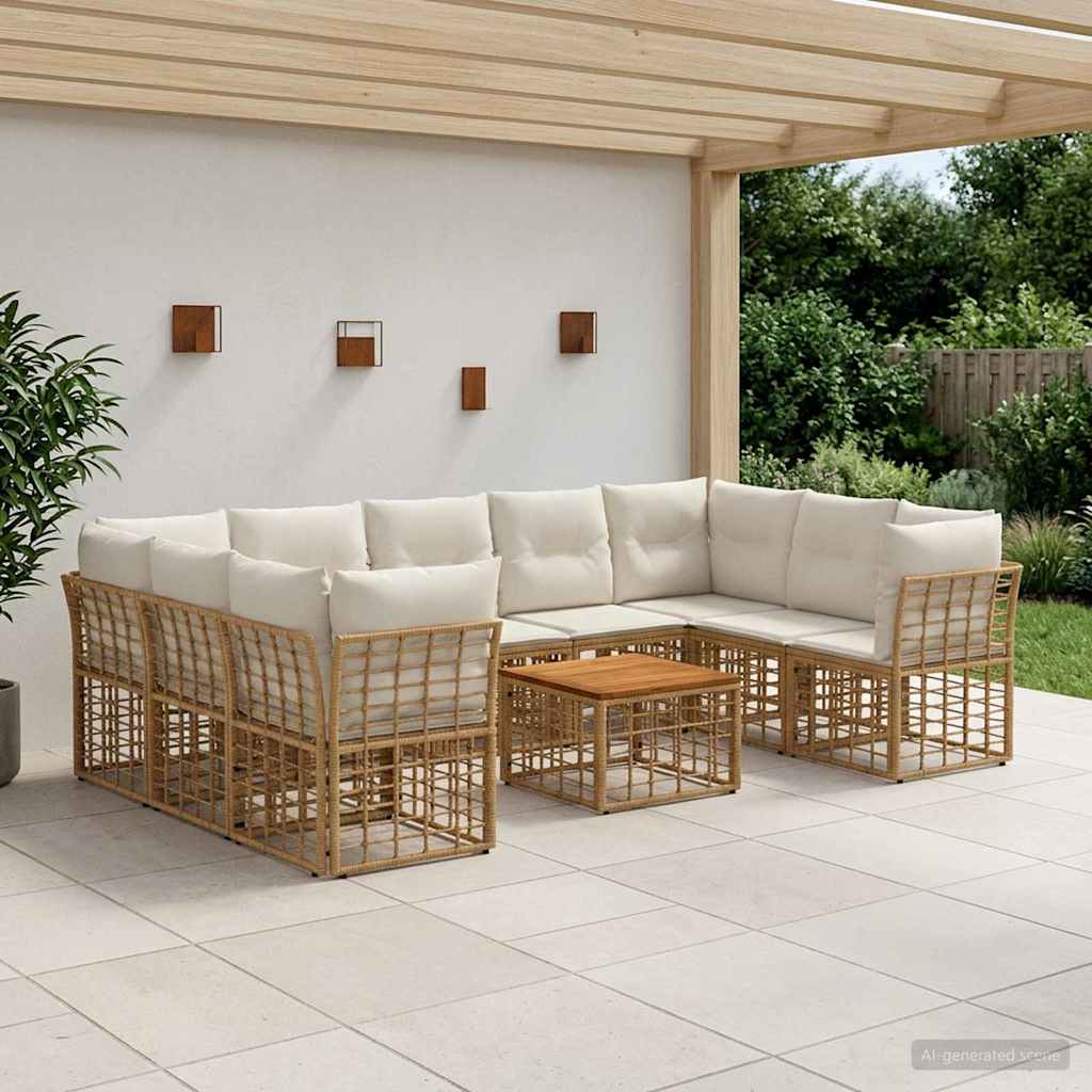 Conjunto de sofás de exterior 10 pcs Natural y Crema Poliéster