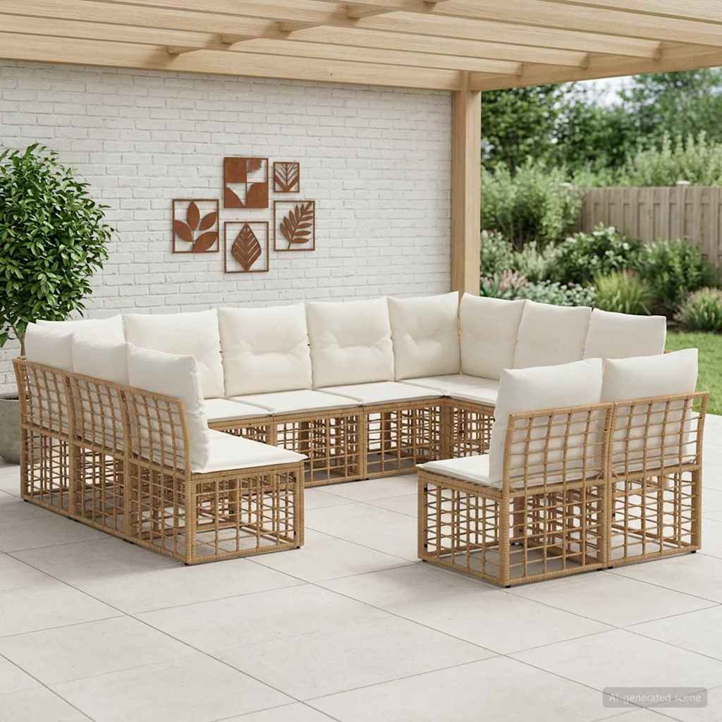 Conjunto de sofás de exterior 12 pcs Natural y Crema Poliéster