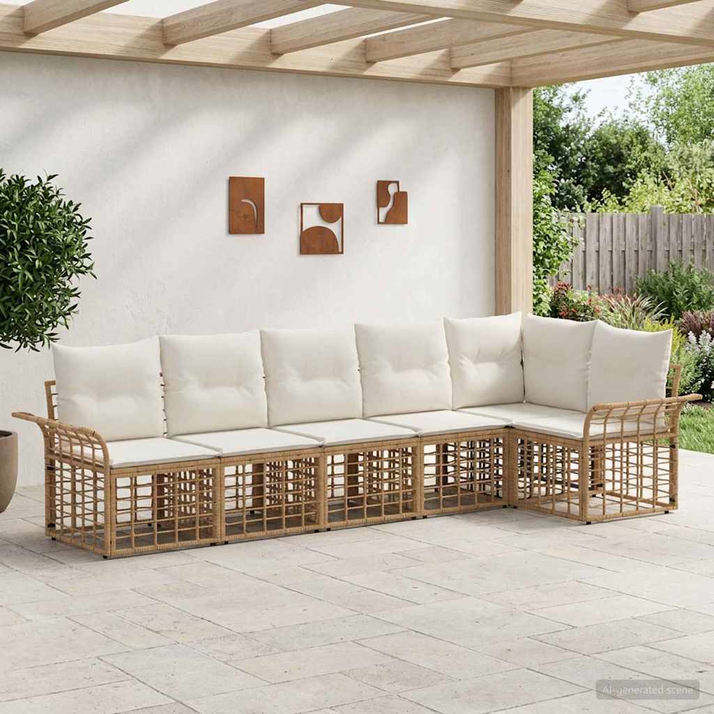 Conjunto de sofás de exterior 6 pcs Natural y Crema Poliéster