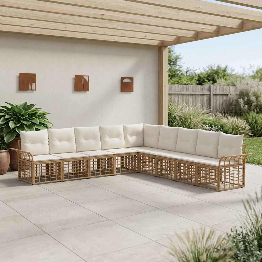 Conjunto de sofás de exterior 10 pcs Natural y Crema Poliéster