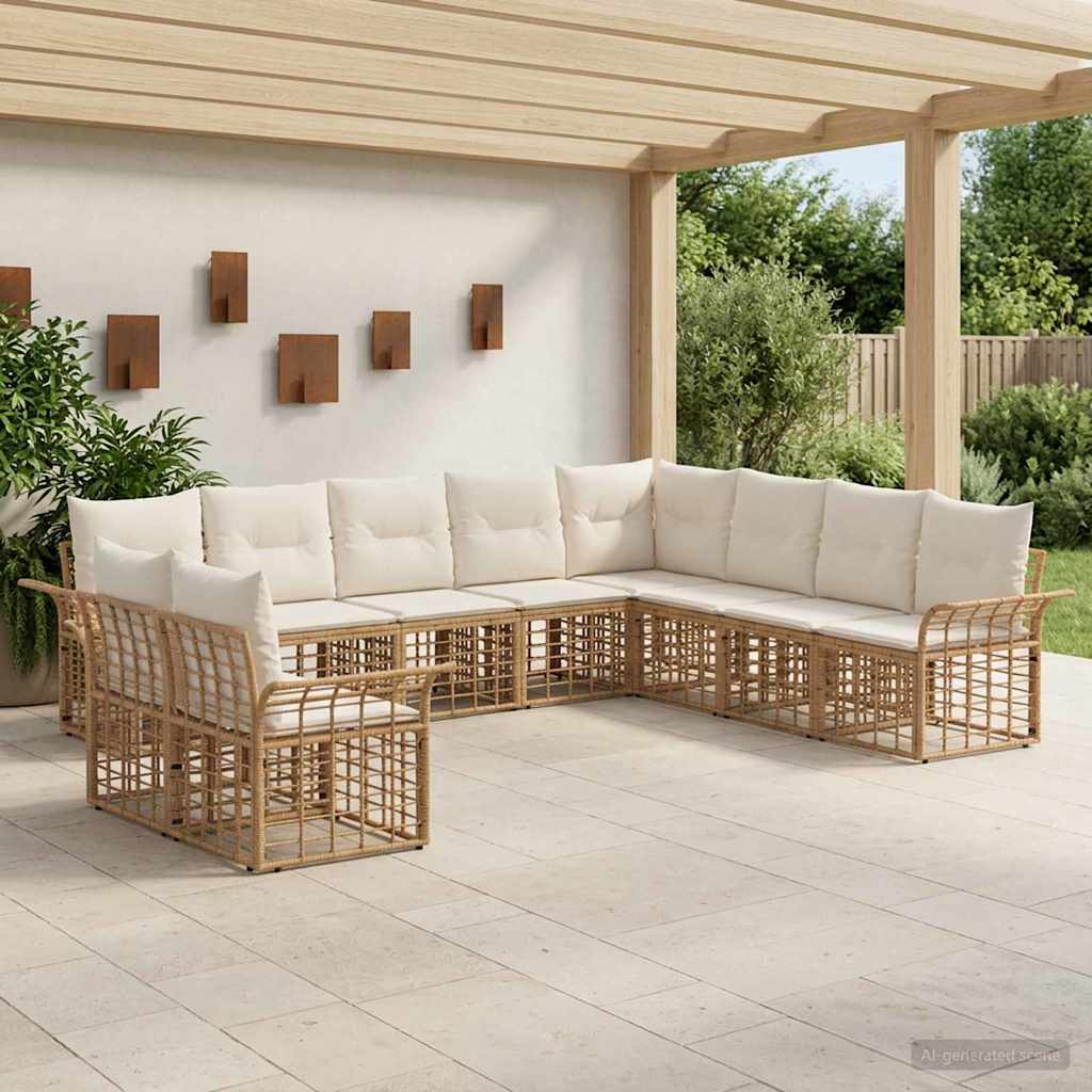 Conjunto de sofás de exterior 10 pcs Natural y Crema Poliéster