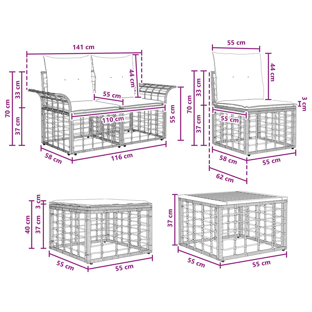Conjunto de sofás de exterior 7 pcs Negro y Gris oscuro