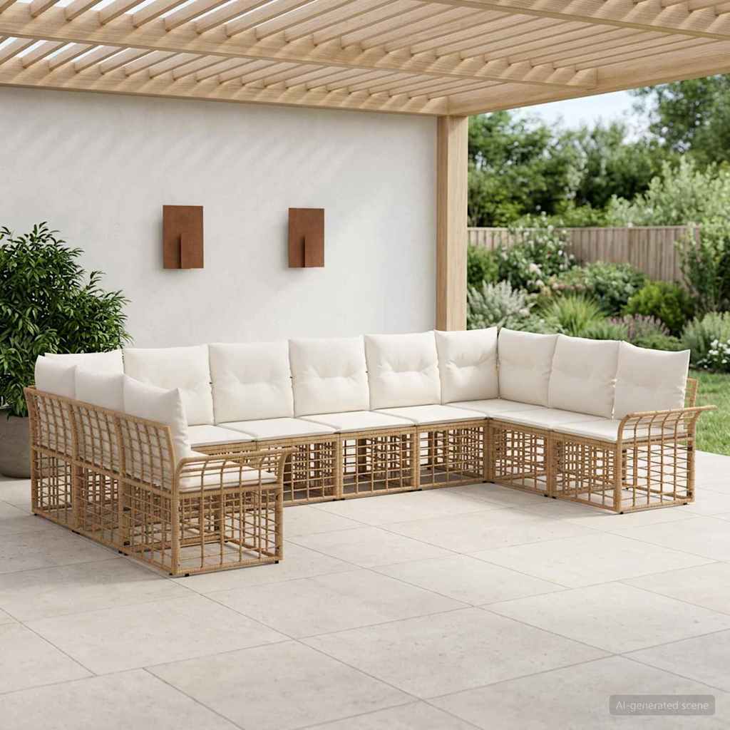 Conjunto de sofás de exterior 10 pcs Natural y Crema Poliéster