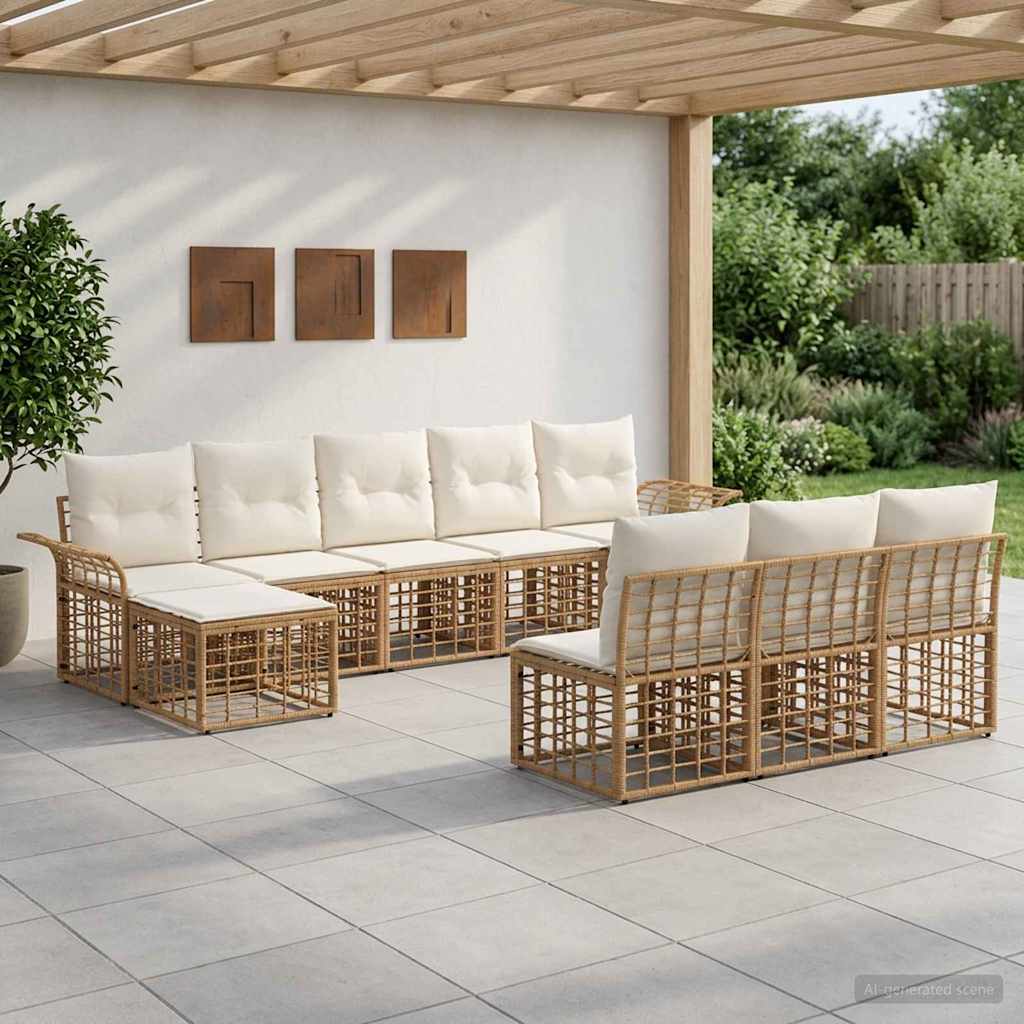 Conjunto de sofás de exterior 9 pcs Natural y Crema Poliéster