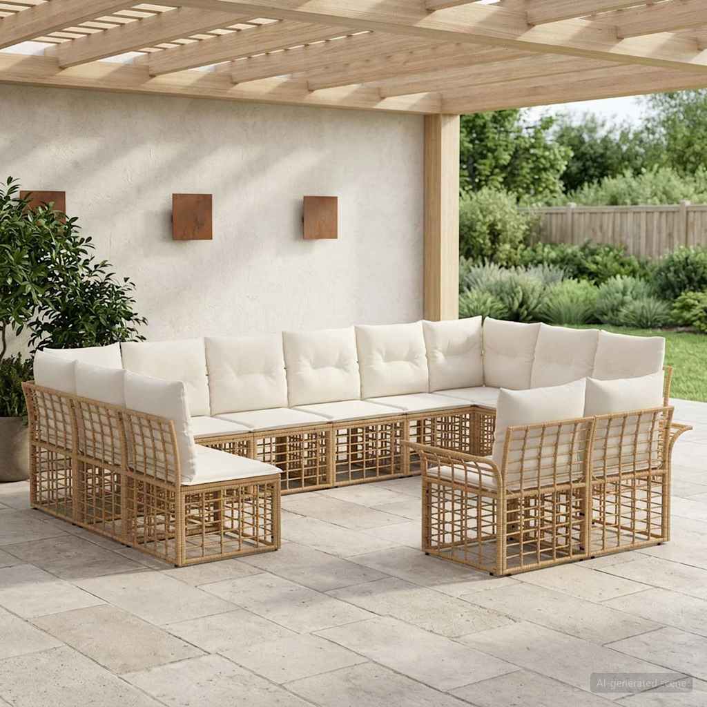Conjunto de sofás de exterior 11 pcs Natural y Crema Poliéster
