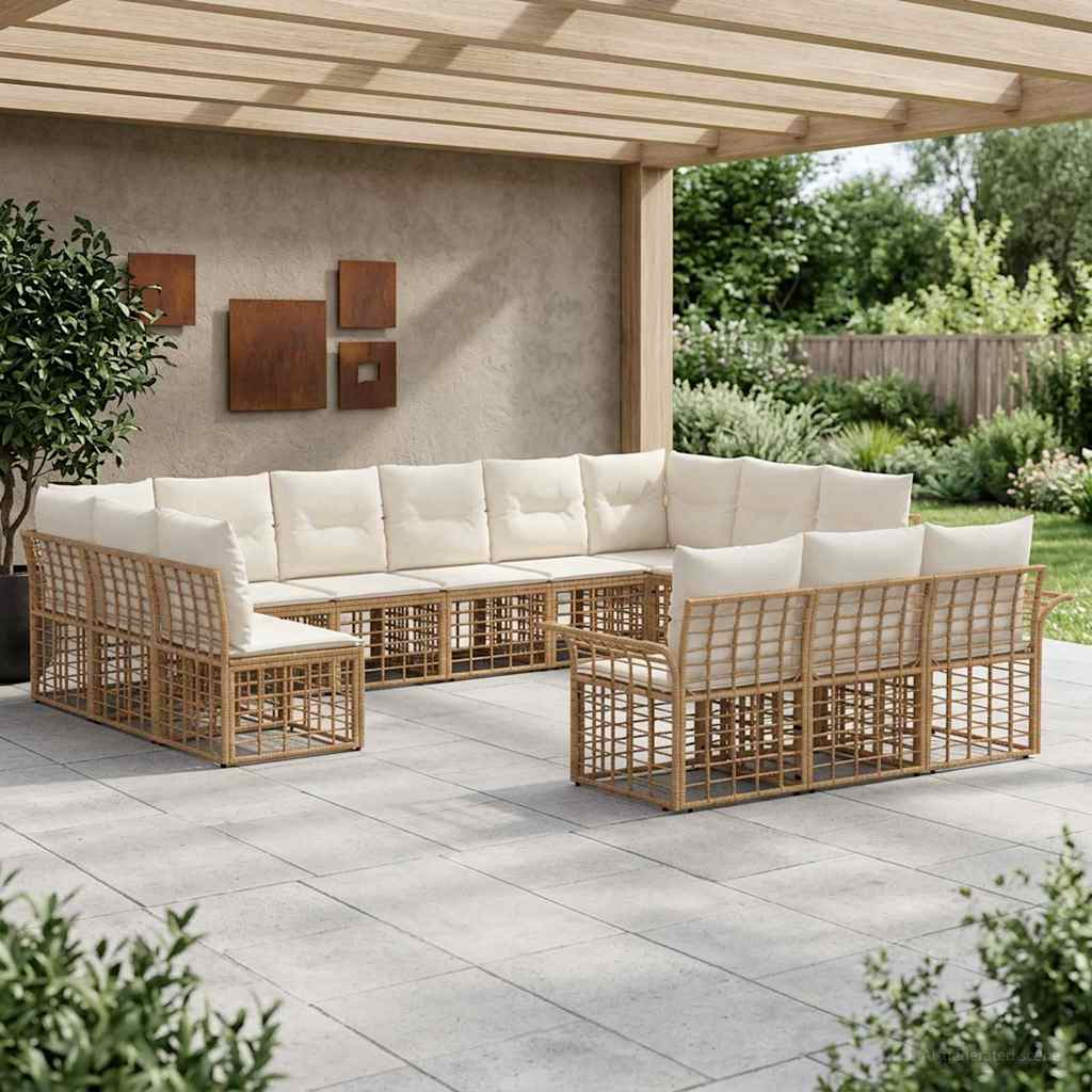 Conjunto de sofás de exterior 13 pcs Natural y Crema Poliéster