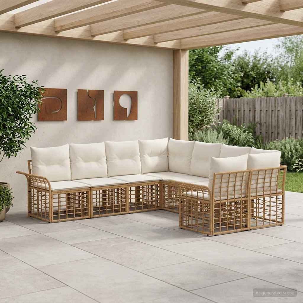 Conjunto de sofás de exterior 8 pcs Natural y Crema Poliéster