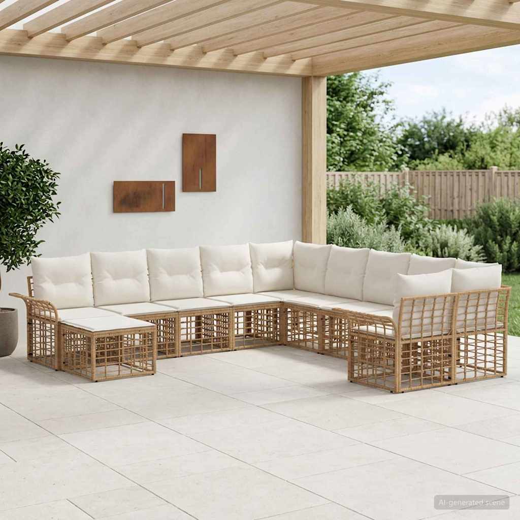 Conjunto de sofás de exterior 11 pcs Natural y Crema Poliéster