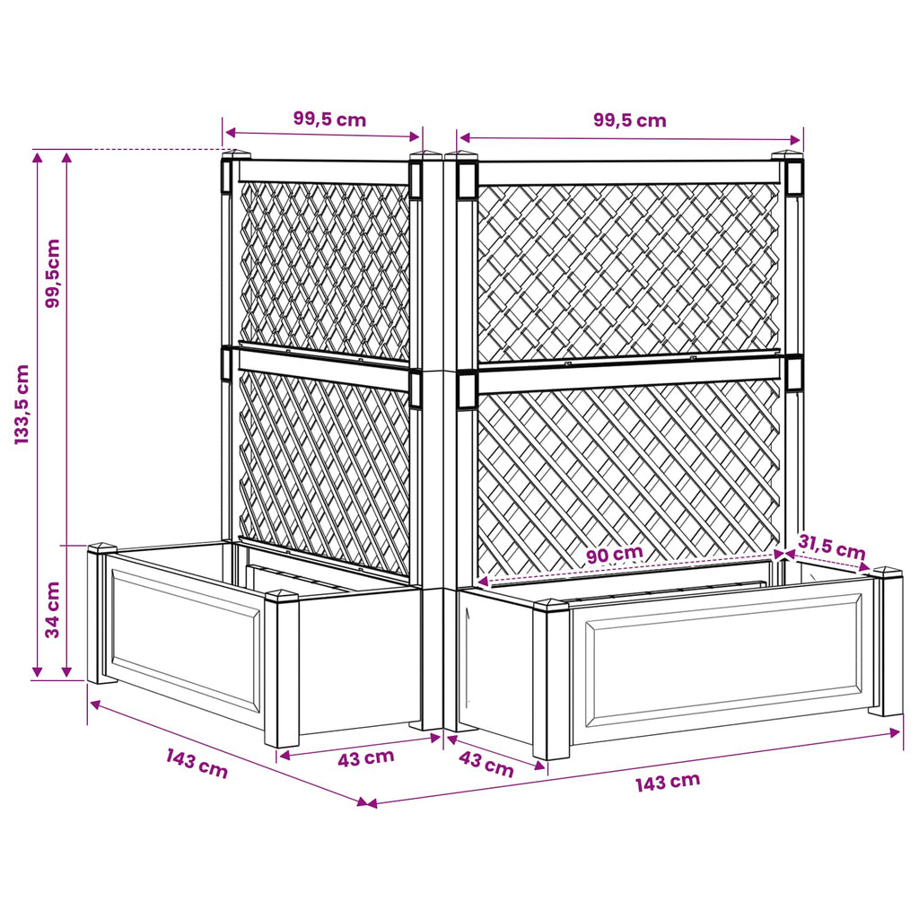 Maceta Grande con Trellis 2 pcs Blanco 143 x 143 x 133,5 cm PP