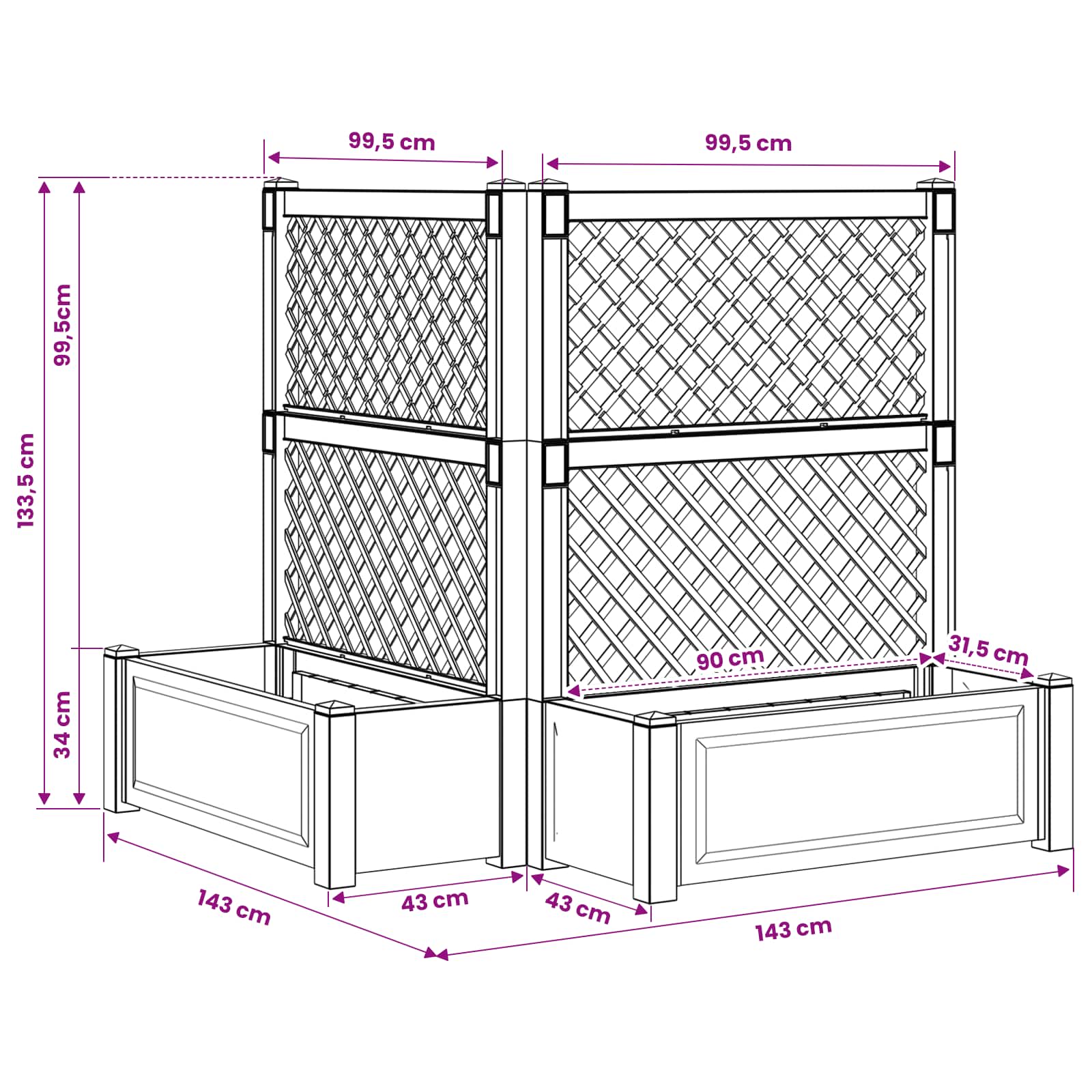 Maceta Grande con Trellis 2 pcs Blanco 143 x 143 x 133,5 cm PP