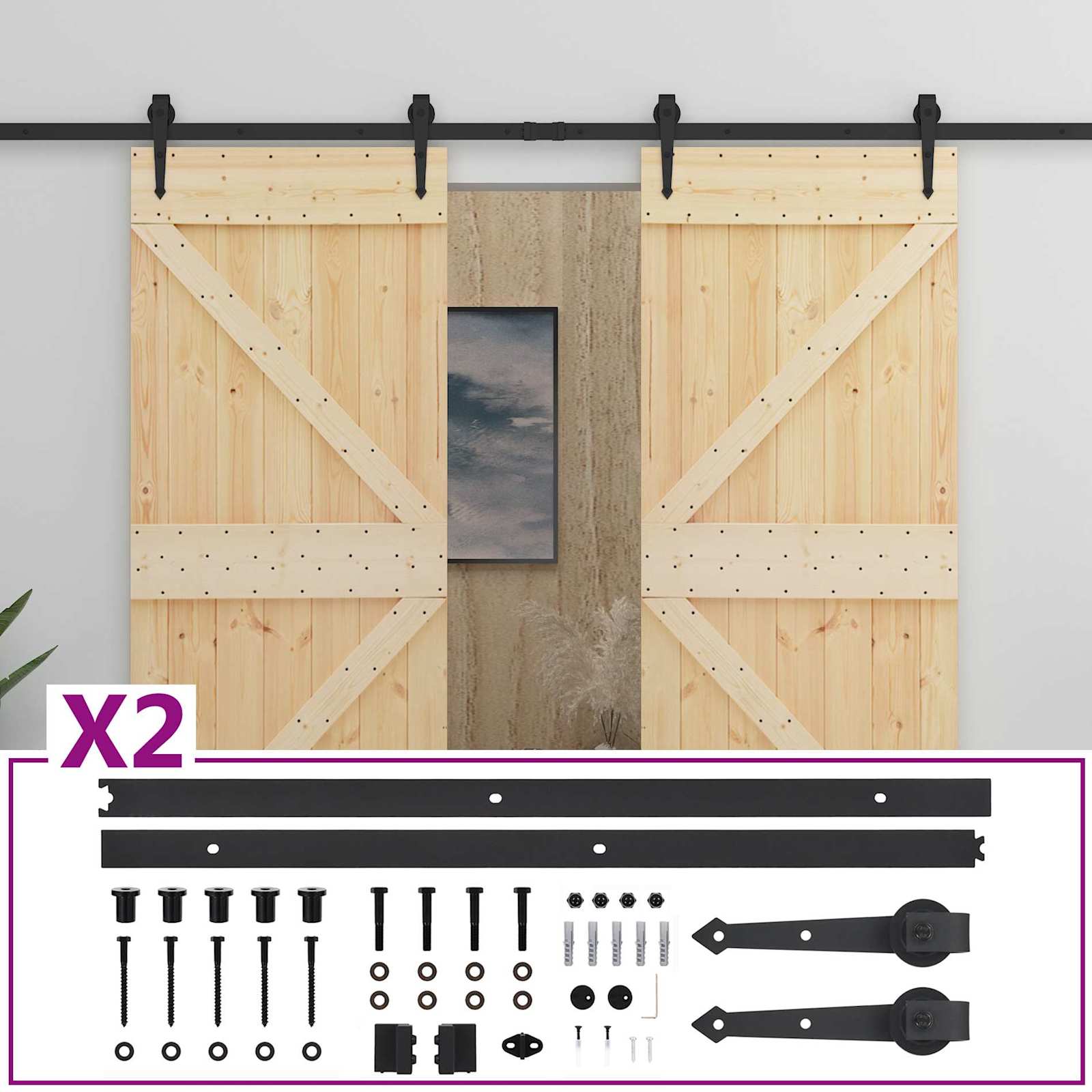 Puerta Corredera 2 pcs Natural y negro Madera de Pino Maciza