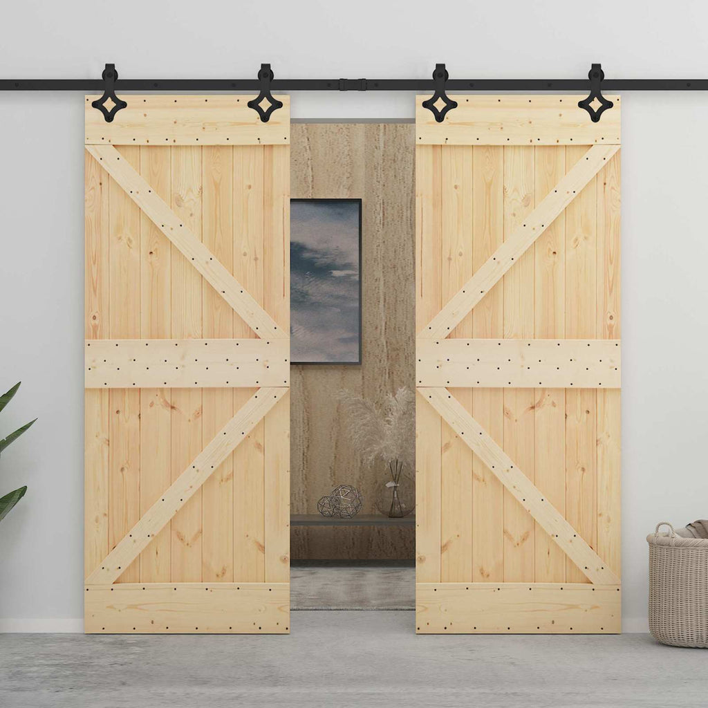 Sliding Door 2 pcs Natural and Black Solid Pine Wood