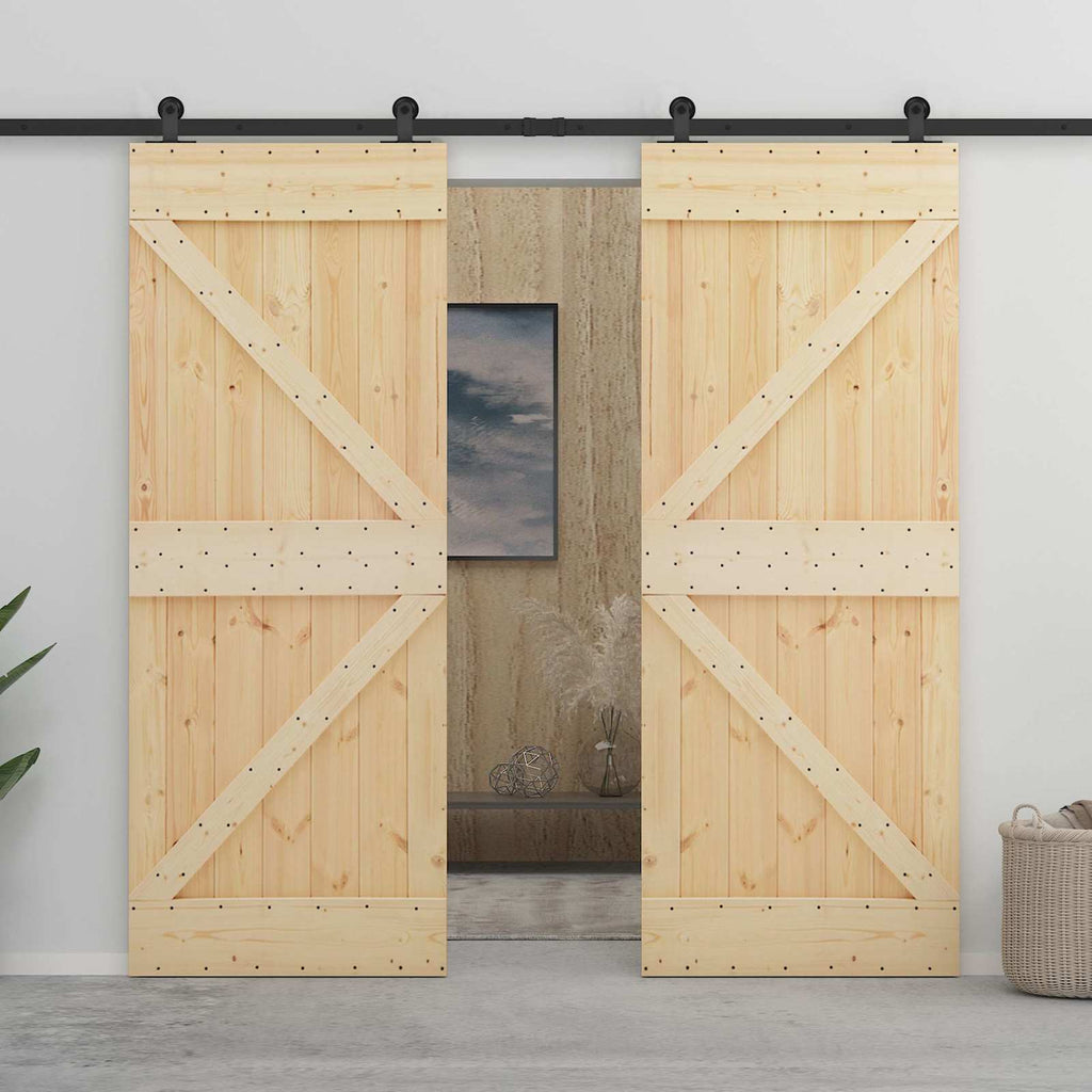 Sliding Door 2 pcs Natural and Black Solid Pine Wood